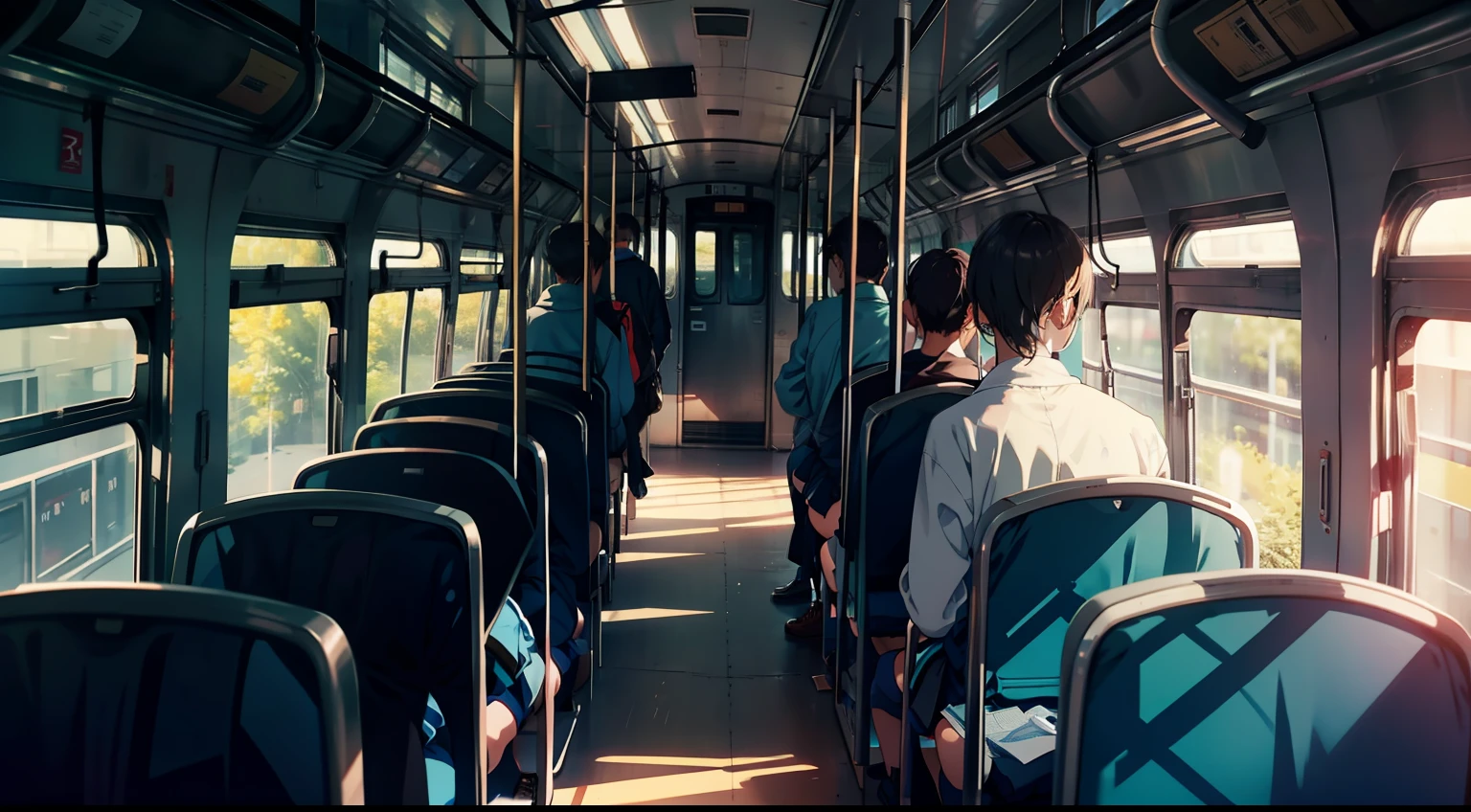 Inside an empty bus,girls,Wear a sweatshirt,Boys wear suits