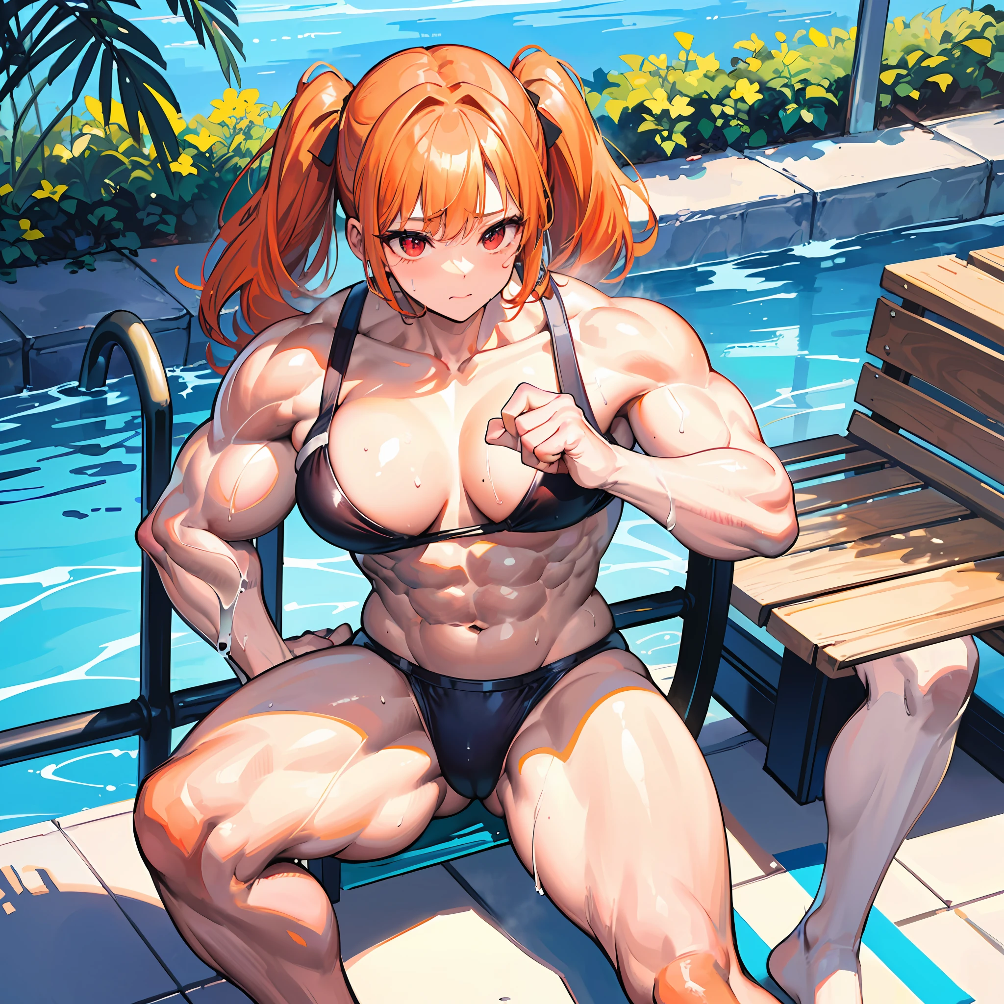 ((​masterpiece))、((Top image quality))、((top-quality))、(((Illustration of one woman)))、(((Muscle Girl)))、full body Esbian、((30-years old))、((neuter))、((twin tails with orange hair))、Red Eyes、((Long body))、(((perspiring)))、((Steam wafting all over the body))、((Body wet with sweat))、(((Muscular and strong body)))、((Split abs))、(((muscular and thick arms)))、(((muscular and thick thighs)))、((manspreading))、((Sports Swimwear))、Sitting on a deck chair、in poolside