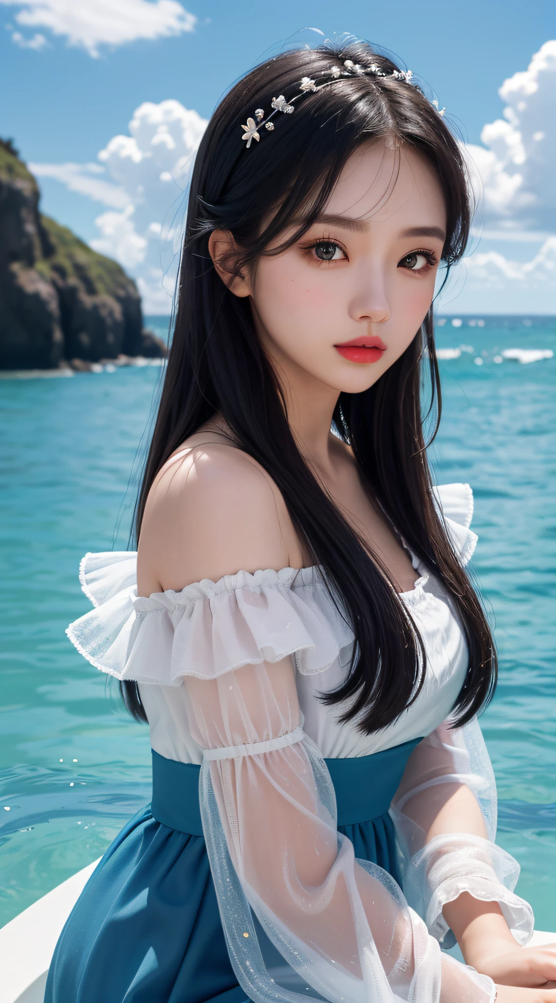 （tmasterpiece：1.2）， best qualtiy， A high resolution， Unity 8k壁纸， （illustratio：1.0）， beatiful detailed eyes：， Extremely detailed face， perfect litthing， extremaly detailed cg， 1girll， black_eyes， black_hair， blue_background， blue_sky， daysies，  cparted lips， long_hair， looking_at_viewer， nase， the ocean， exteriors， Photorealsitic， photorealestic， red_lips， Skysky， 独奏， upper_body，Ruffle sleeve dress，posing on a， ventania， Her expressive eyes twinkled with secret，中景 the scene is，romantic atmoshere，