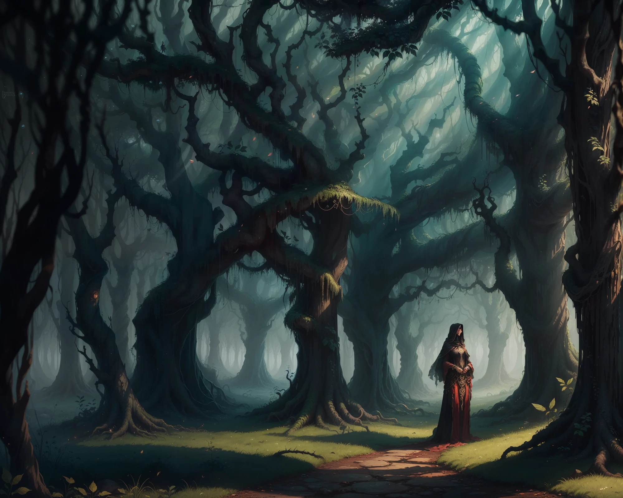 (forest theme) (twisted trunks), scenery, ink, trees, (true darkness, realistic), In a realm of mythical enchantment, behold a [young caucasian woman] whose visage intertwines with the very essence of a (terrifying woodland). Her countenance, half submerged into the earth, radiates an ethereal allure as the twisted denizens of darkness slink amidst the shadowy depths. Within this harrowing forest, the tendrils of mutated vines greedily consume the life force of ancient trees, a spectacle that captivates the senses. Draped in dirt and adorned with moss, her damp and lustrous tresses cascade upon the forest floor like strands of bewitched enchantment. Some of these resplendent strands, buoyed by unseen forces, dance in the air akin to tentacles, merging seamlessly with the bark of towering arboreal sentinels that ascend into a canopy of ominous clouds, heralding an aura of death and despair. It is with eyes wide open in sheer terror that her lifeless gaze pierces through the veil of darkness, while her once vibrant lips form an eternal, silent scream, echoing with profound anguish. May this surreal tapestry of mystic desolation conjure visions of grandeur and awe, resonating with the boundless depths of your imagination.