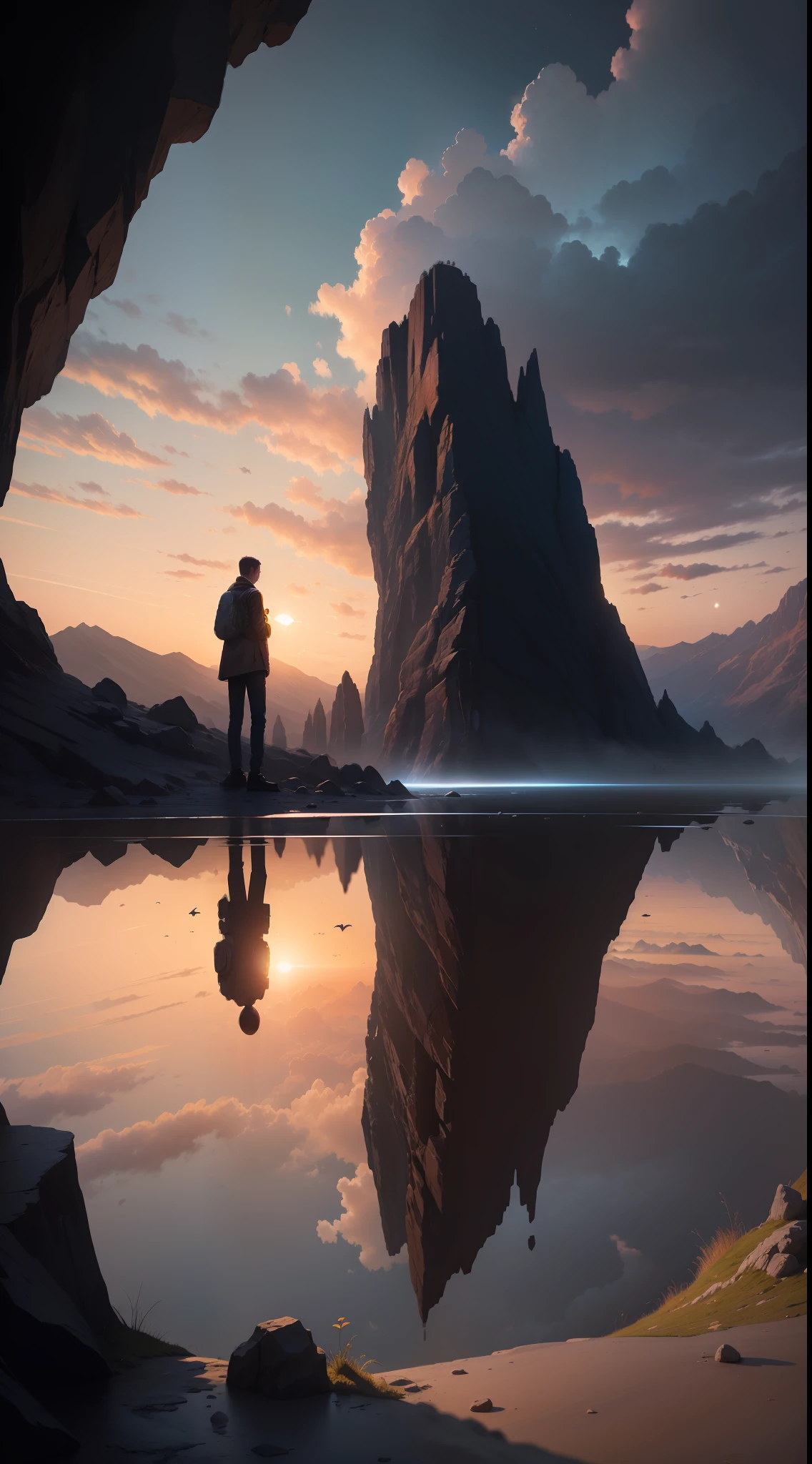 Craft a mesmerizing scene that deeply connects with the viewer, evoking a range of emotions and leaving an indelible impact without relying on words. Use a vibrant and contrasting color palette to intensify the visual impact. Depict a solitary figure standing at the edge of a breathtaking cliff, overlooking a vast and awe-inspiring landscape. Let the figure's posture and facial expression convey a mixture of awe, contemplation, and a hint of melancholy. Surround the scene with elements of nature, such as swirling clouds, distant mountains, or a cascading waterfall, to enhance the immersive experience. Infuse the atmosphere with a touch of magic or mystery, perhaps through subtle glowing orbs or ethereal light. Allow the composition and details of the scene to captivate the viewer and invite them on an emotional journey that lingers in their thoughts long after they've seen the artwork., intricate, masterpiece, expert, insanely detailed, 4k, composition, framing, centered, symmetry, painted, intricate, volumetric lighting, beautiful, rich deep colors masterpiece, sharp focus, ultra detailed, in the style of dan mumford and marc simonetti, astrophotography