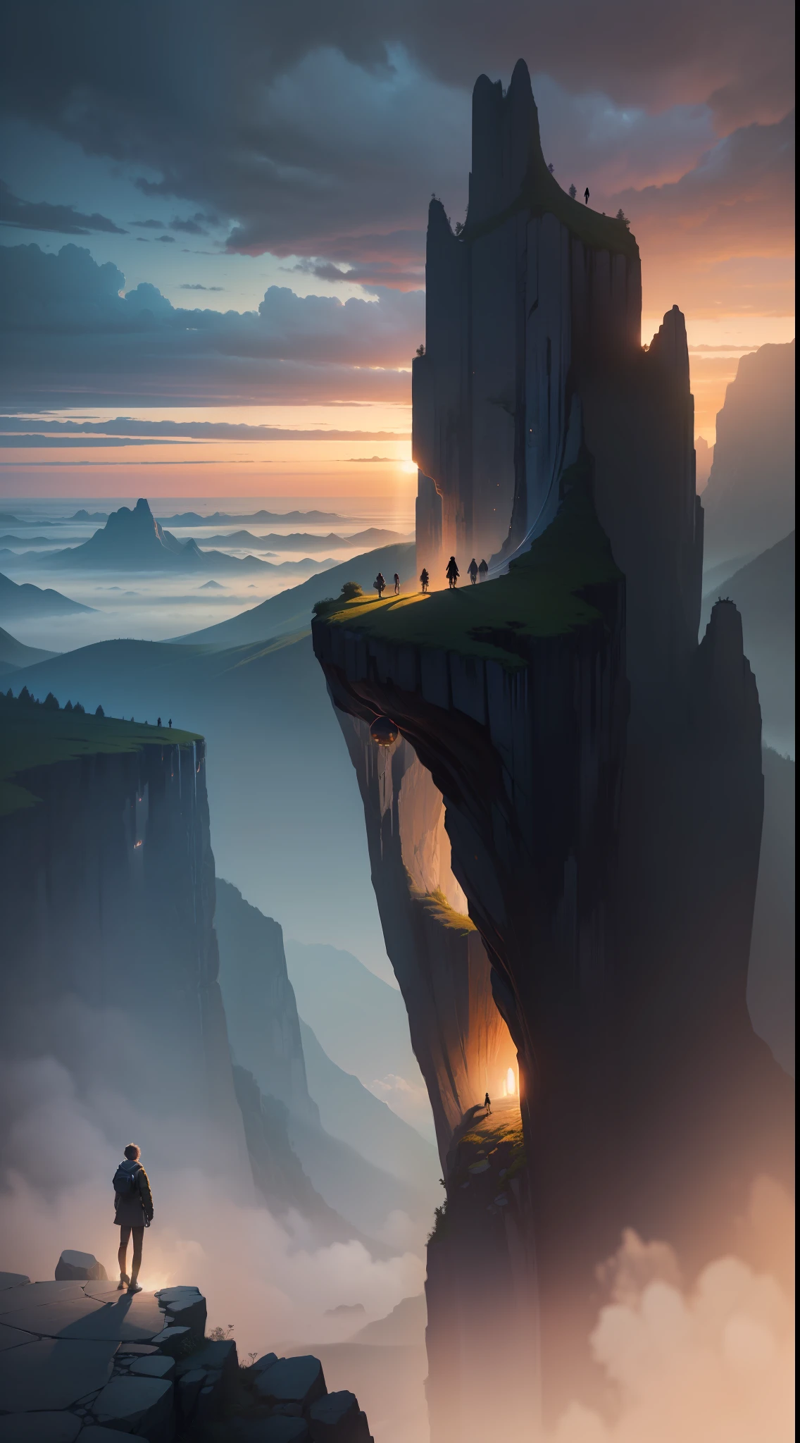 Craft a mesmerizing scene that deeply connects with the viewer, evoking a range of emotions and leaving an indelible impact without relying on words. Use a vibrant and contrasting color palette to intensify the visual impact. Depict a solitary figure standing at the edge of a breathtaking cliff, overlooking a vast and awe-inspiring landscape. Let the figure's posture and facial expression convey a mixture of awe, contemplation, and a hint of melancholy. Surround the scene with elements of nature, such as swirling clouds, distant mountains, or a cascading waterfall, to enhance the immersive experience. Infuse the atmosphere with a touch of magic or mystery, perhaps through subtle glowing orbs or ethereal light. Allow the composition and details of the scene to captivate the viewer and invite them on an emotional journey that lingers in their thoughts long after they've seen the artwork., intricate, masterpiece, expert, insanely detailed, 4k, composition, framing, centered, symmetry, painted, intricate, volumetric lighting, beautiful, rich deep colors masterpiece, sharp focus, ultra detailed, in the style of dan mumford and marc simonetti, astrophotography