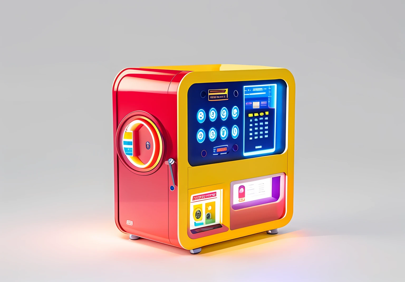 Close-up of Mark VI lottery with display,The body comes with elements of a lottery,vending machines,sci-fi vending machine,3D product render,There can be some specific description scenes on the machine,por exemplo, Someone goes to the lottery machine to buy some lottery scratch music,Or describe some combination of elements of a lottery ticket purchase scenario, Product rendering,Stylistic references attract attention,Bright,Iconic elements of fashion,There are reasonable ones on the fuselage, Such as lotteries,Scratch music,And so on and so forth,The overall color is mainly red and yellow,Color distribution is 50 each%,lottery ticket,Scratch music,The Mark VI has more elements,A little diversified