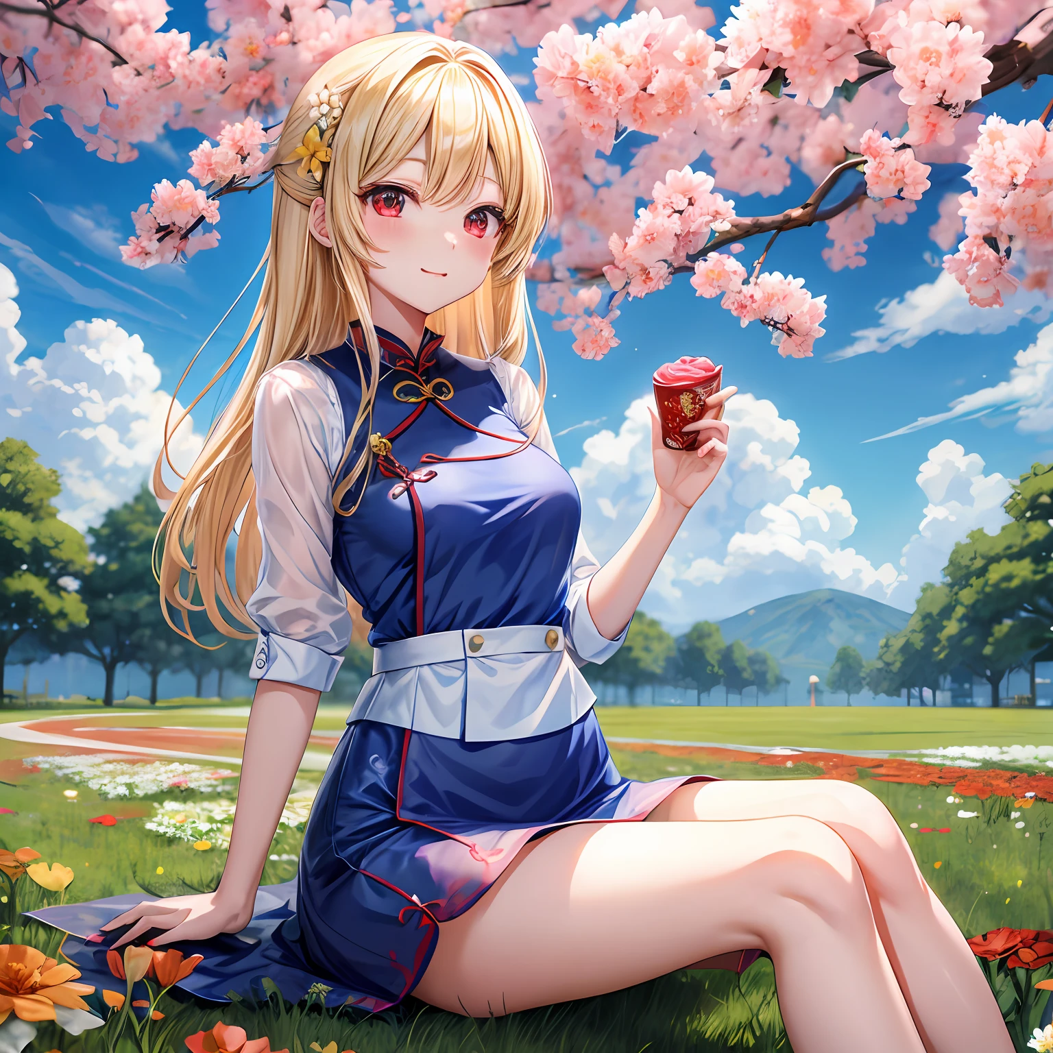 a blond、red eyes、Beautiful girl alone、kawaii、独奏、animesque、Blue cheongsam、a miniskirt、flower field、sitting on