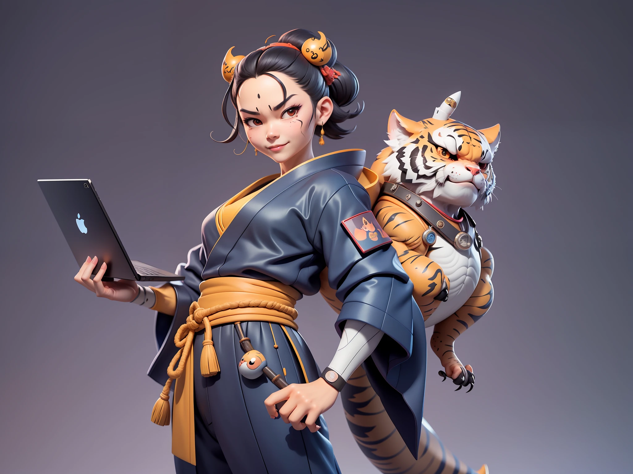 (Daisaku),(Need),(Super meticulous),(full bodyesbian:1.2),Japanese ukiyo-e girl，japanese geisha，Beautiful，Oriental dragon，one tiger，Aeolian Thor，Raised sexy，爆乳，Oriental face，TV Anchor，Bust portrait illustration，Alone，In black suit，a blue tie，The face is slightly chubby，The face was clean，without a beard，Black super short hair，Black eyes，Smile confidently，3C computer sub-products，iPad， iphone，Digital painting，3D character design by Mark Clairen and Pixar and Hayao Miyazaki and Akira Toriyama，The illustration is a high-definition illustration in 4K resolution，With very detailed facial features and cartoon-style visuals。