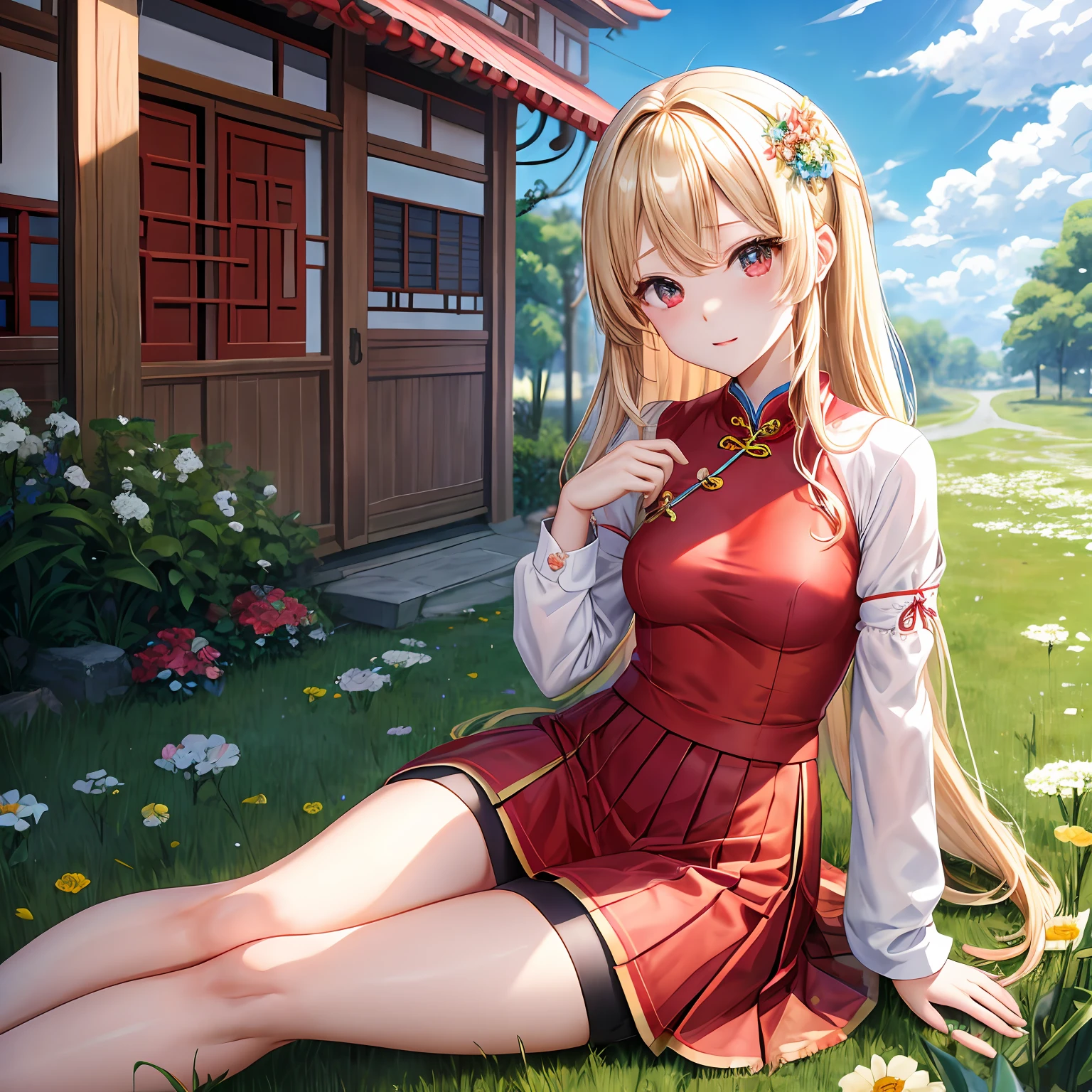 a blond、red eyes、Beautiful girl alone、kawaii、独奏、animesque、Blue cheongsam、a miniskirt、flower field、sitting on