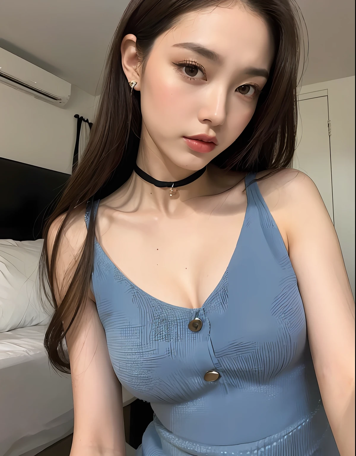 ((mid night, top-quality, 8K, masterpiece :1.3)), full body Esbian, long legged, foco nítido :1.2, Pretty woman with perfect figure:1.4, Slender Abs:1.1, ((dark brown hair, Colossal tits:1.2)), (short torso, {{{Very long legs}}}, {{{very thin waist}}}, {{{very small hip}}}, {{very large breasts gathered}},
{{{Different clavicles}}},
{{{de pele branca}}}, {{{ligh brown hair}}},
{{small head}}},{{25-years old}}, {{{waist shot}}}}, {{{Emotionless face}}}, {{{Look at viewers}}}, {{Chest level perspective}}}, {{{Blue Tube Micro Mini Dress}}}, {{{Body Conscious Dresses}}, {{{Sleeveless dress with a plummet neckline with cleavage completely exposed}}}, Thin white choker), ((Daytime bedroom)), Highly detailed facial and skin texture, A detailed eye, 二重まぶた