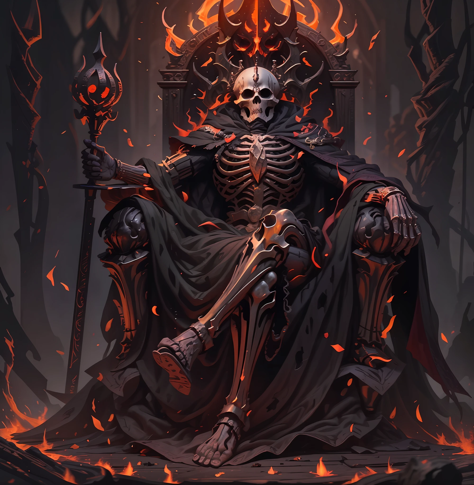 arafed skeleton sitting on a throne with a glowing red light, lord of cinder, lord from hell on the throne, king of time reaper, amazing d & d dark sun art, 4k fantasy art, beautiful male god of death, skeleton warrior, epic fantasy digital art style, skeleton king, ruler of inferno, sitting on obsidian throne