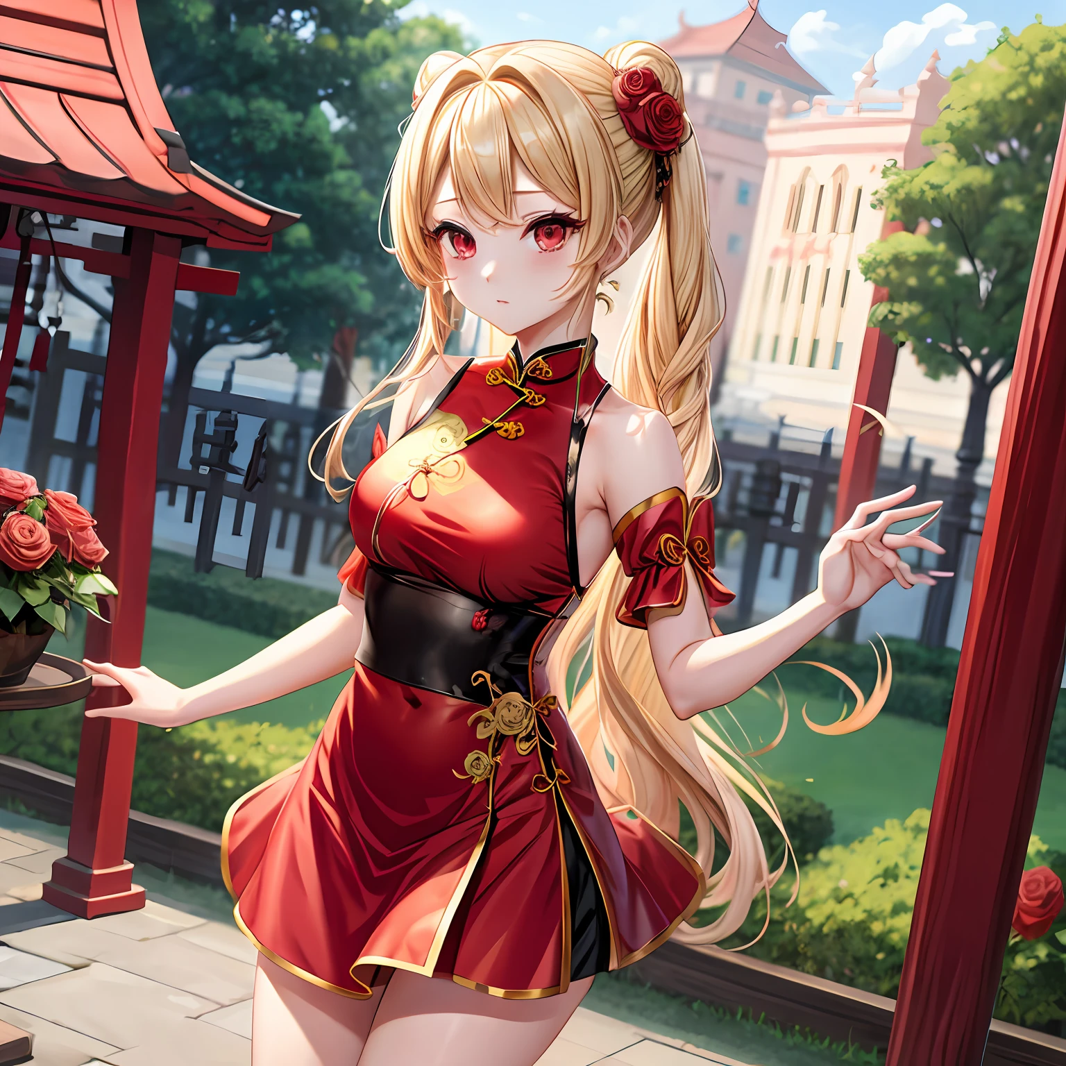 a blond、Hair is up、red eyes、Beautiful girl alone、kawaii、独奏、animesque、Black cheongsam、off shoulders、a miniskirt、rose garden