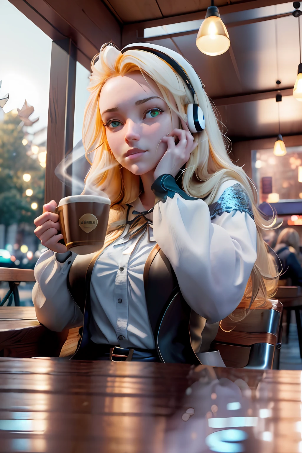 a girl sitting on a chair outside of a coffee shop, (large coffee shop:1.4), (wooden chairs:1.4), (table:1.4), drinking coffee, (coffee mug:1.4), Thick Body, (Long Blond Hair:1.4), Green Eyes, HDR (High Dynamic Range), Ray Tracing, NVIDIA RTX, Super-Resolution, Unreal 5, Subsurface Scattering, PBR Texturing, Post-Processing, Anisotropic Filtering, Depth-Of-Field ,Maximum Clarity And Sharpness, Multi-Layered Textures, Albedo And Specular Maps, Surface Shading, Accurate Simulation Of Light-Material Interaction, Octane Render, Two-Tone Lighting, Low ISO, White Balance, Rule Of Thirds, Wide Aperture, 8K RAW, Efficient Sub-Pixel, Sub-Pixel Convolution, (Luminescent Particles:1.4), {{Masterpiece, Best Quality, Extremely Detailed CG, Unity 8k Wallpaper, 3D, Cinematic Lighting, Lens Flare}}, perfect fingers, perfect clothes,