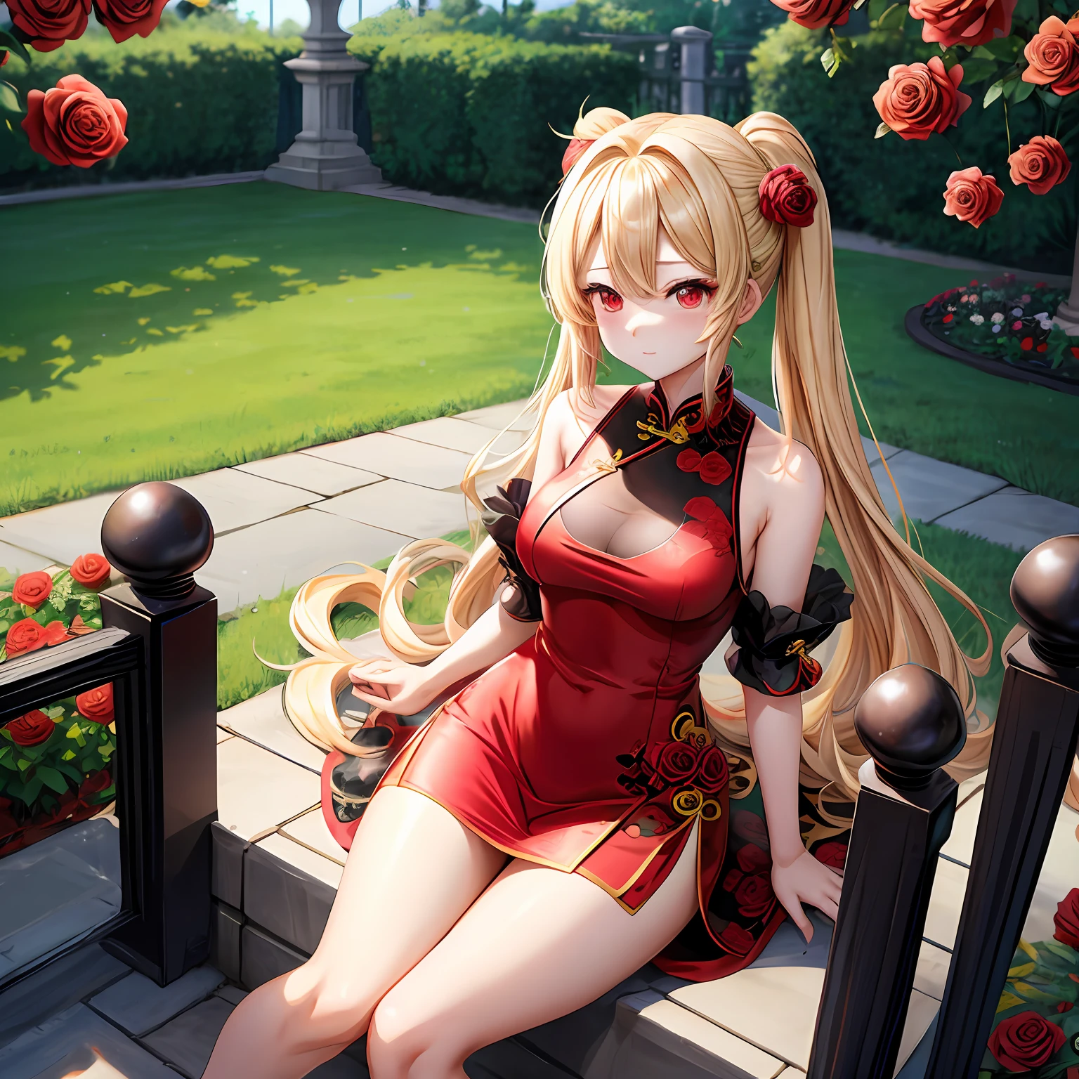 a blond、Hair is up、red eyes、Beautiful girl alone、kawaii、独奏、animesque、Black cheongsam、off shoulders、a miniskirt、rose garden