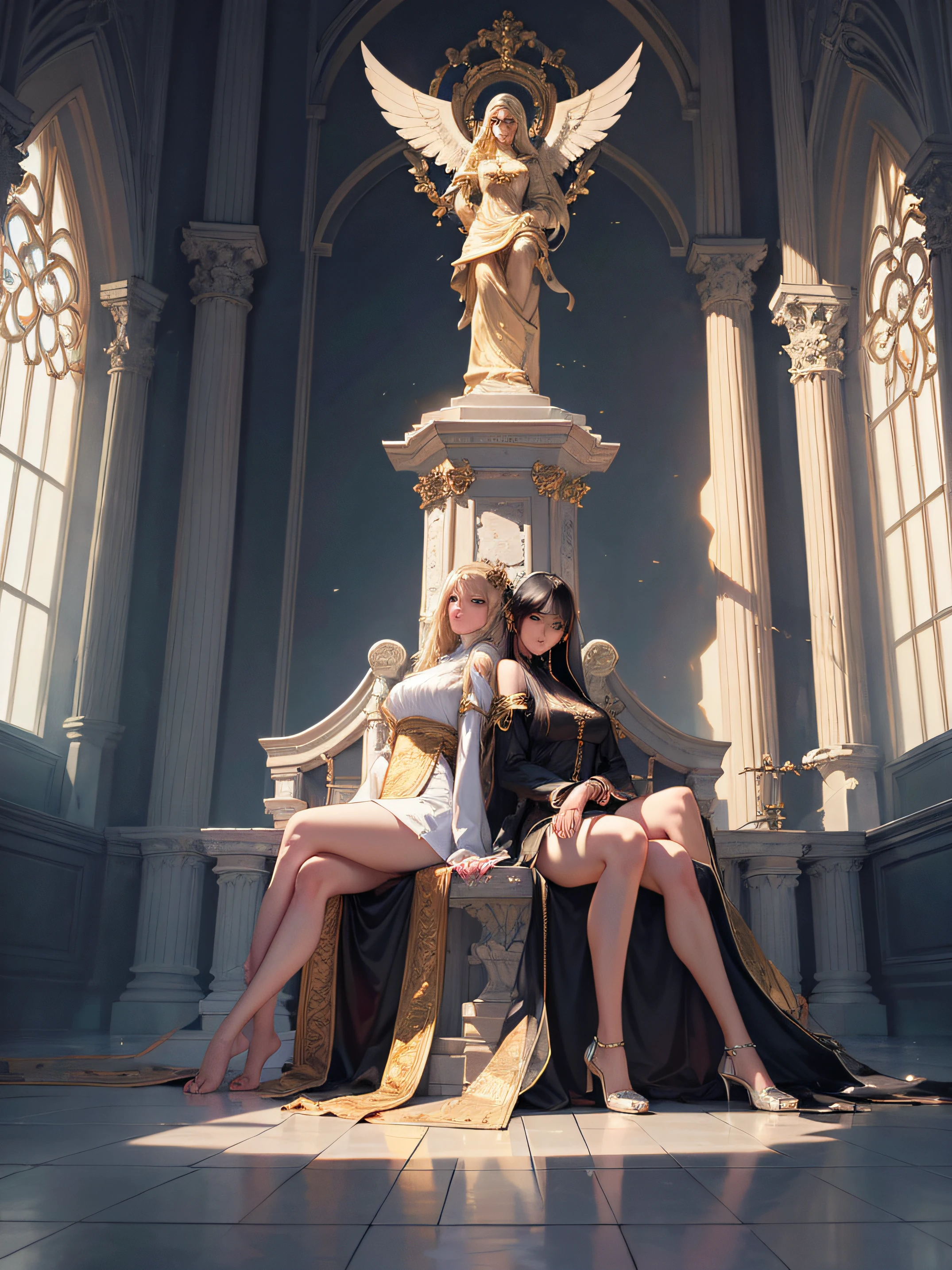 Busty nun with young blonde girl on her lap，Long legs,sit on chair，Nun dress，Fantasyart，photographrealistic，动态照明，art  stations，poster for，Volumetriclighting，Very detailed faces，4 k''，Award-Awarded， painting of a，Greg Olsen's style，Viewpoint from below，Beautiful light，Clouds，Braided hairstyle，（The background is very detailed，Busy background：0.8），Utopian world, Shiny great colors,Prosperous building, High-end clothing and architectural design, Draped in silk banners with ancient imprints，wide wide shot，Ray traching，hdr（HighDynamicRange）、Ray traching、NVIDIA RTX、Hyper-Resolution、Unreal 5、sub surface scattering、