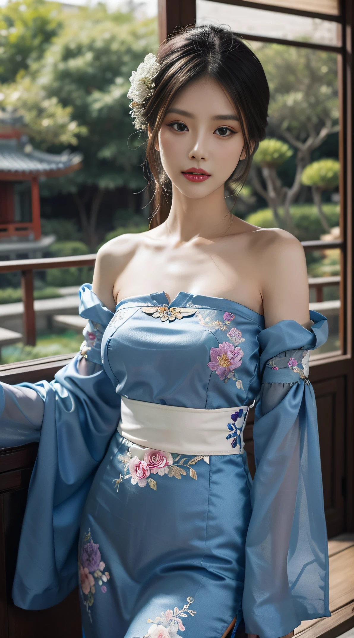 EDGHanfu, a woman, in an ancient China garden, wearing EDGHanfu, traditional, blue, see through sleeves, floral embroidery, buttoned dress, black shoulder pads with beautiful and intricate floral embroidery, woman wearing makeup, flowers decorating her hair