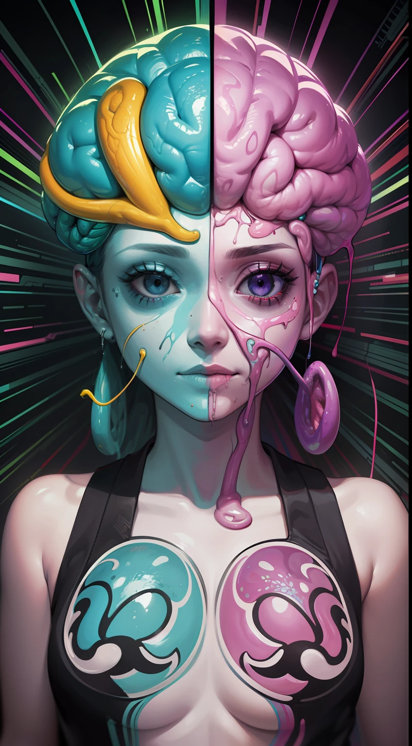 Anatomical brain, dripping multi-colored liquid, in the style of realistic hyper-detailed rendering, Neon color palette, Dental nucleus, Multi-level gestures, statuesque, Surrealist horror painter, graffiti, T-shirt design
