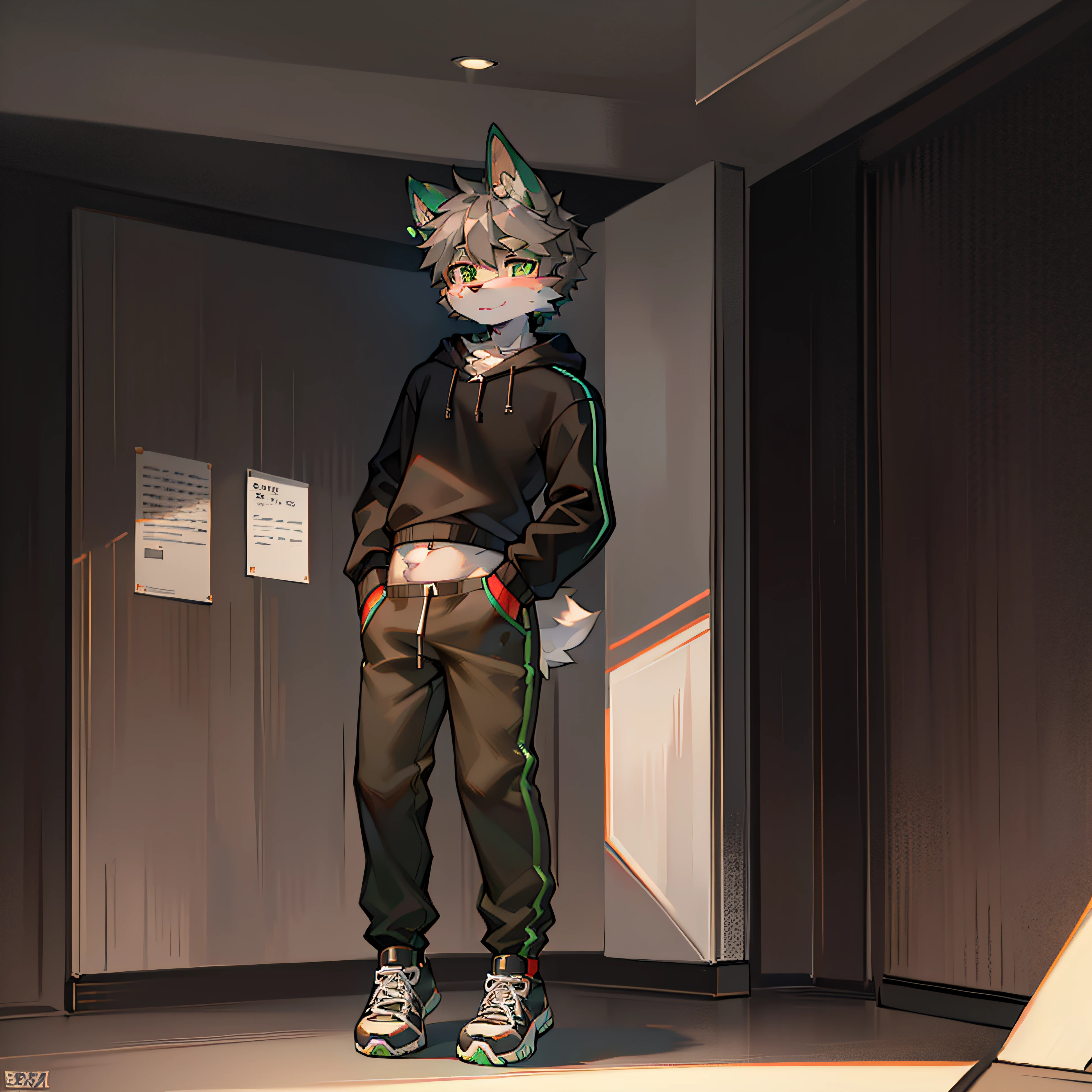 coyote_Boy,Detailed_Fluffy_fur,,uploads_On_e621,,Furry_Male,short_Grey_Hair,Masterpiece,Best quality,Solo,1,Grey_coyote,Green_Ear_Top,Black sweatshirt,black long pants,athletic sneakers,standing on your feet,Super cute face ,Empty square