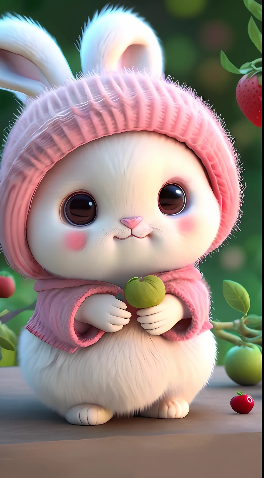 : 3. bunny, realistic, furry animal, apple, black eye, blush, cherry, food, fruit, full body, hat, non-human, strawberry, tomato, watermelon