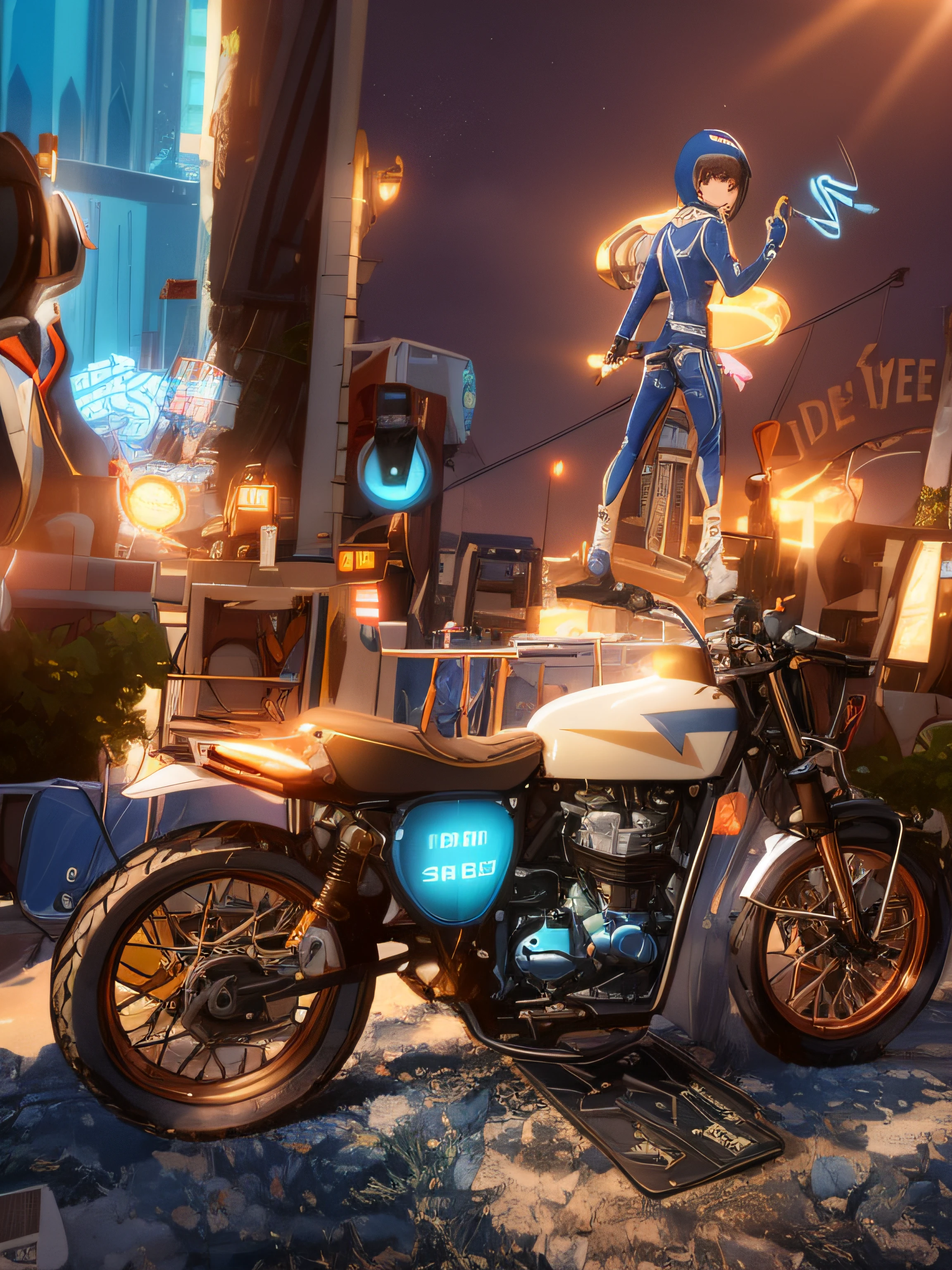 (nvinkpunk:1.2) snthwve style motorcyle, lightwave, sunset, intricate, highly detailed, blue colour,