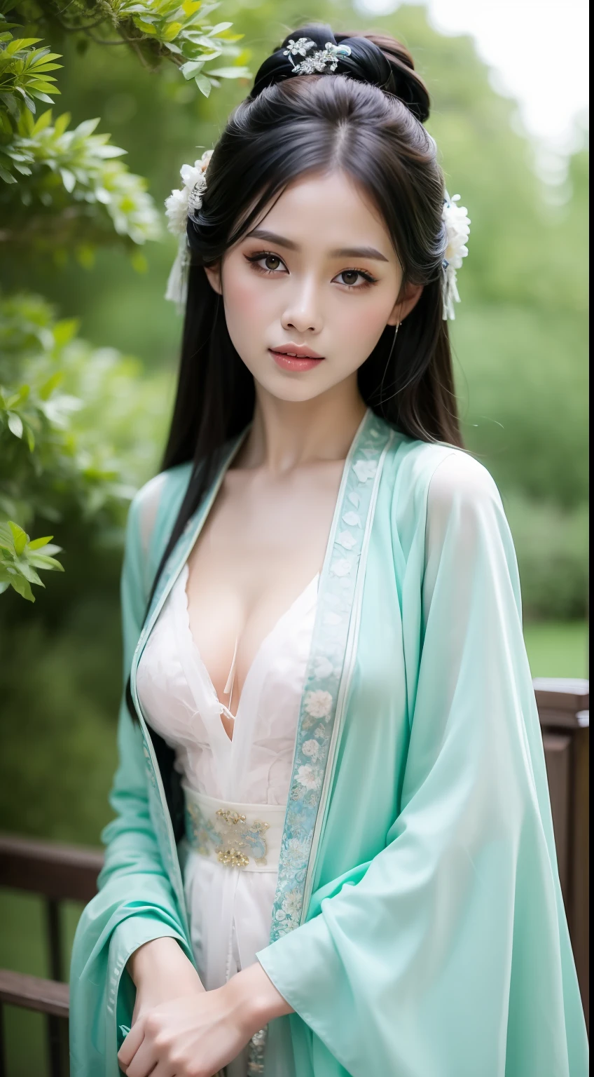 Fashion model  [[[[closeup cleavage]]]], [[[[boobgasm]]]], [[[[coll]]]], [[[[bshoulders]]]], perfect  eyes, Perfect iris，perfect lips，perfect teeth，Perfect skin，Long face，Soft front light，HDR，filmgirl,White period costume，Green leaves and flowers in the background，（pastel colour：1.2）