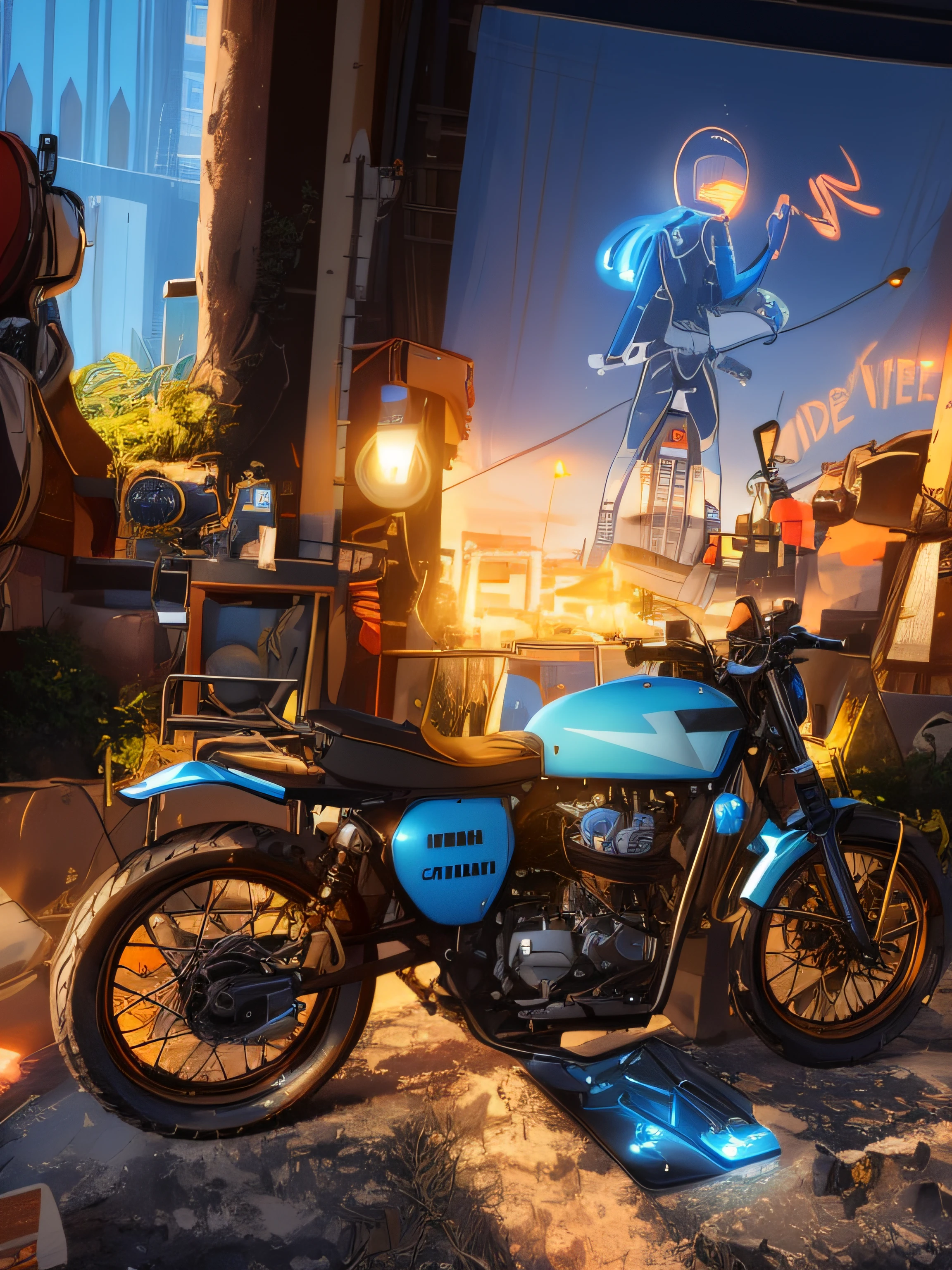 (nvinkpunk:1.2) snthwve style motorcyle, lightwave, sunset, intricate, highly detailed, blue colour,