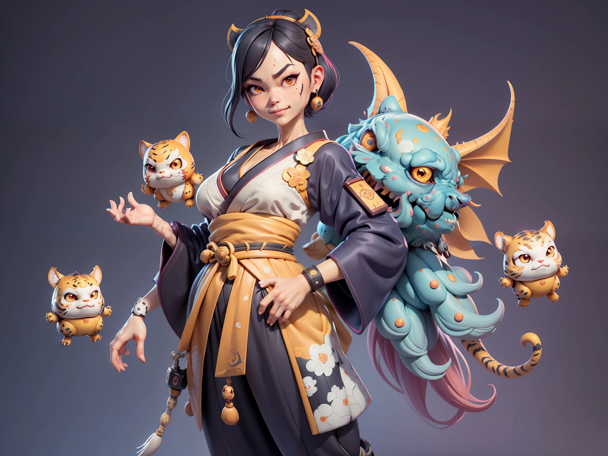 (Daisaku),(Need),(Super meticulous),(full bodyesbian:1.2),Japanese ukiyo-e girl,japanese geisha,Beautiful,Oriental dragon,one tiger,Aeolian Thor,Raised sexy,爆乳,Oriental face,TV Anchor,Bust portrait illustration,Alone,In black suit,a blue tie,The face is slightly chubby,The face was clean,without a beard,Black super short hair,Black eyes,Smile confidently,3C computer sub-products,iPad, iphone,Digital painting,3D character design by Mark Clairen and Pixar and Hayao Miyazaki and Akira Toriyama,The illustration is a high-definition illustration in 4K resolution,With very detailed facial features and cartoon-style visuals。