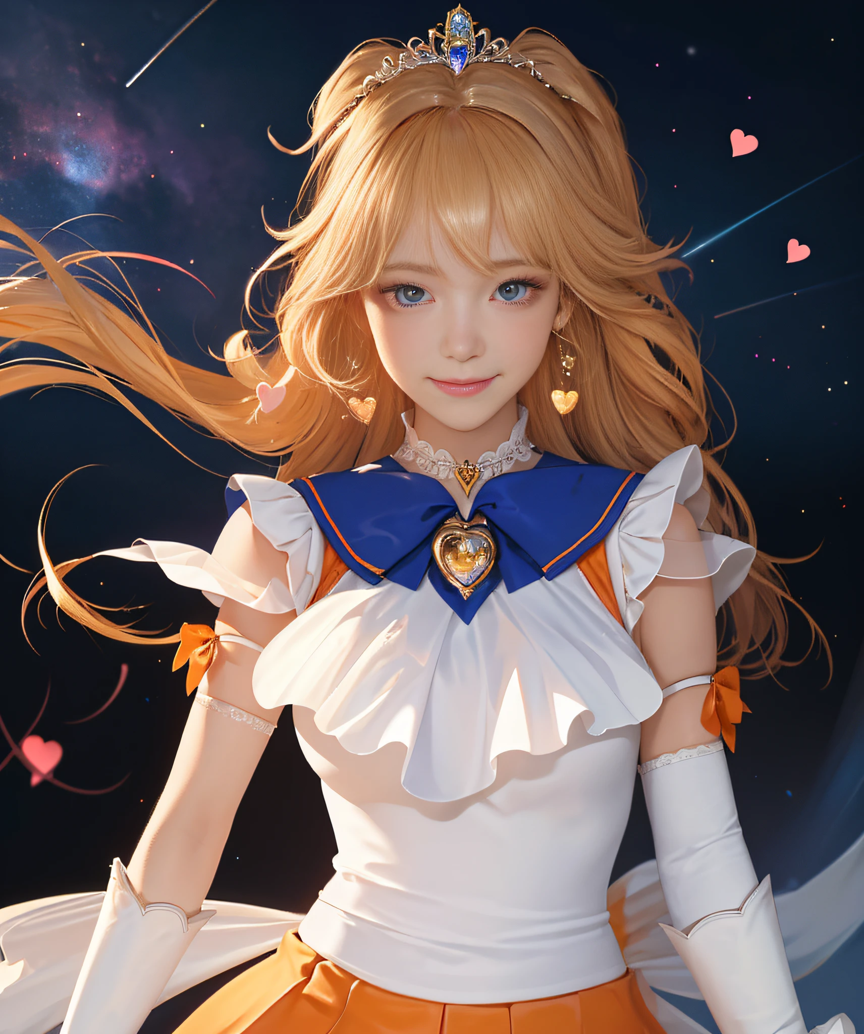 (masterpiece, best quality;1.3), extremely detailed CG, ultra detailed, 1girl, solo,  smile,  looking at viewer, stylish ungle, blonde long hair,blue eyes,
sv1, sailor senshi uniform, orange skirt, elbow gloves, tiara, orange sailor collar, red bow, orange choker, white gloves, jewelry, from above,
many hearts, face focus,Venus,tornado,abstract background, hearts storm, haert beam, heart bubbles, heart baloons, haert stars, heart flowers, HEART LIGHTS, heart world, heart background, galaxy background, heart weapon, heart aura,