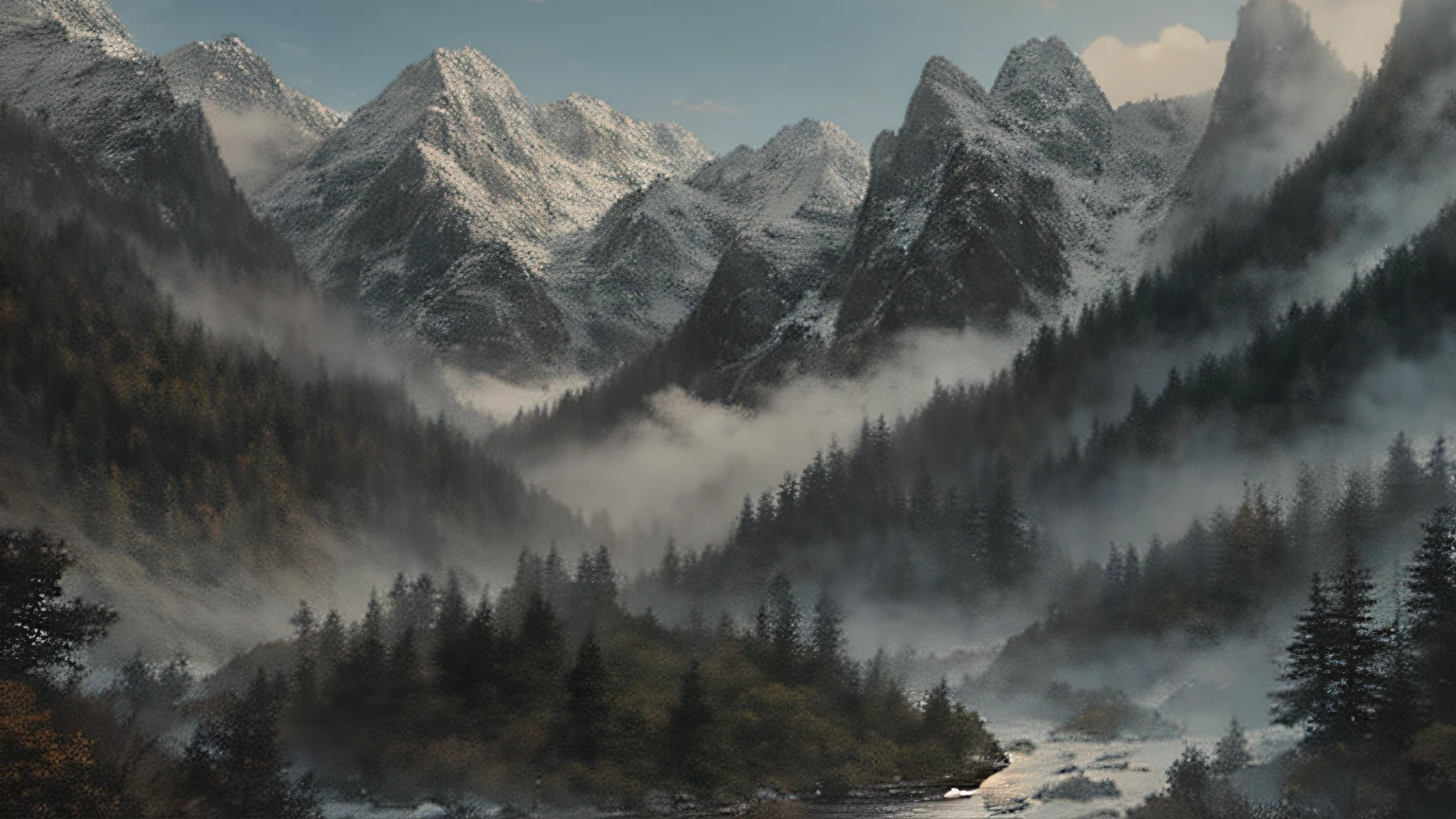 Draw mountain views with rivers and trees, misty mountains, Detailed painting 4 K, valley mist, stefan koidl inspired, 4k hd matte digital painting, Illustration matte painting, inspired by Jakub Rozalski, 4k highly detailed digital art, Detailed scenery —width 672, 8 k resolution digital painting