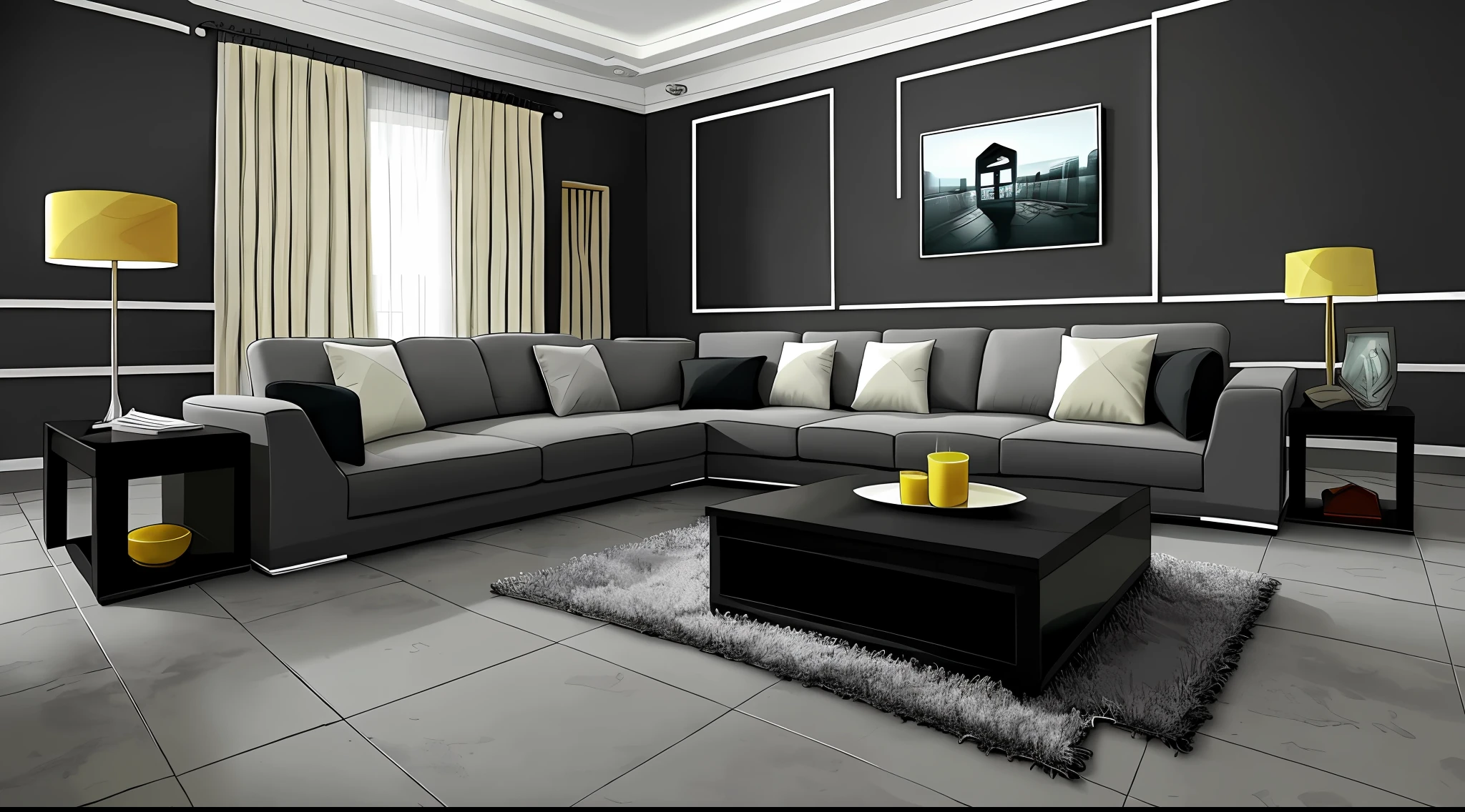 living room interior， Grey floor，Black sofa，Black coffee table， 8K， hyper HD， tmasterpiece， highest  quality