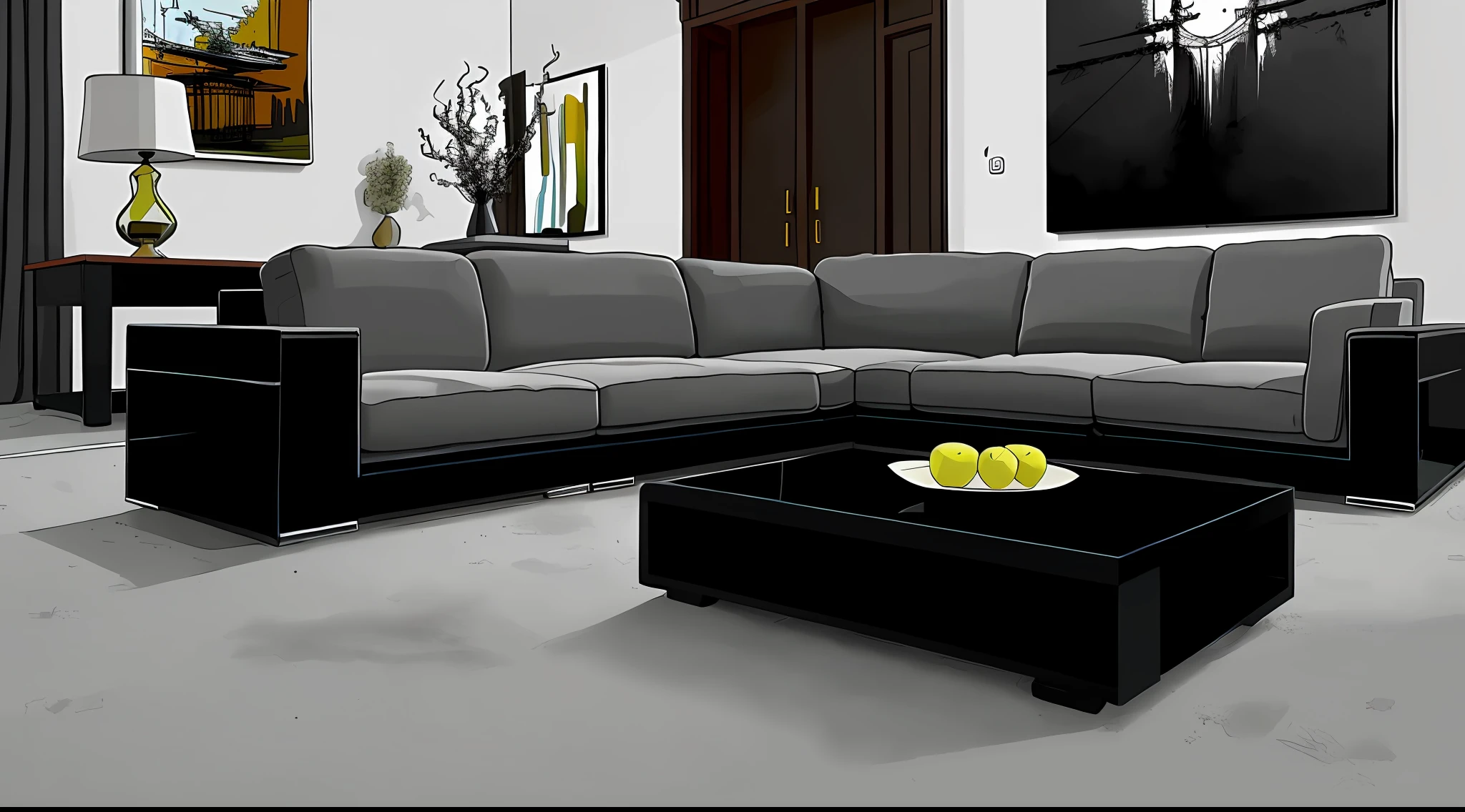 living room interior， Grey floor，Black sofa，Black coffee table， 8K， hyper HD， tmasterpiece， highest  quality