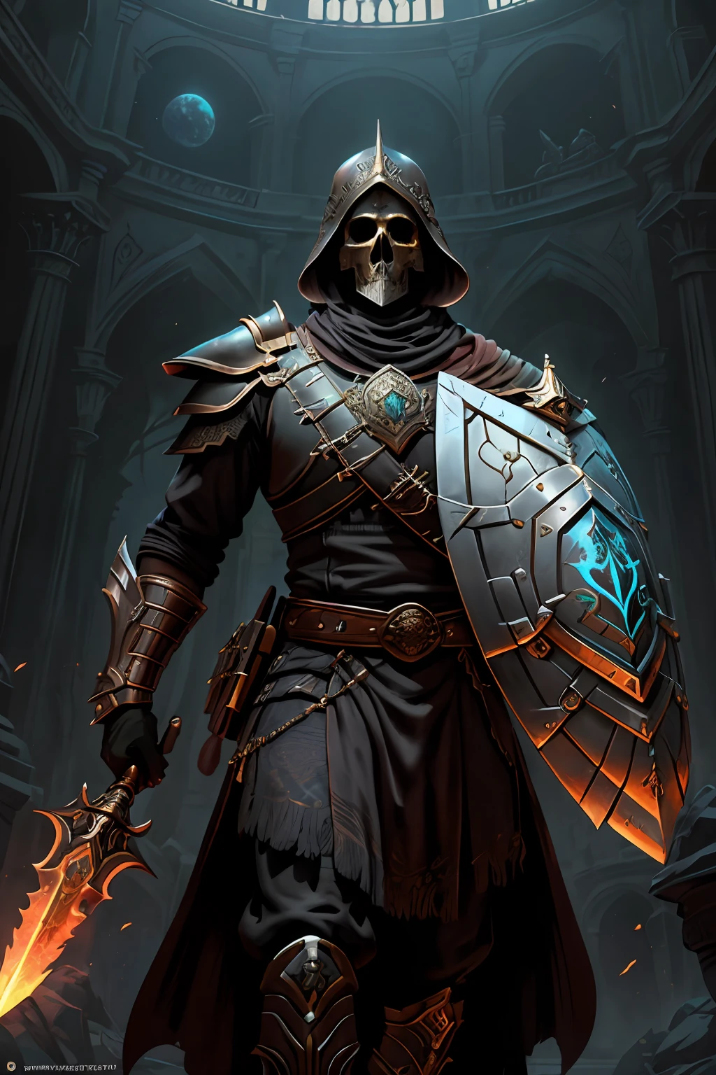 um cavaleiro esqueleto, His skull is of white bone and is on display, sem capacete, sem elmo, Ultra realista, usando armadura de placas brilhante preto andando em uma vila em chamas, He uses a sword in one hand and a shield in the other, (intrincado: 1.4) (obra-prima: 1.4) (illustration: 1.4), red studio lighting, Post-processing, 8K分辨率, fundo escuro, imponente , fotos meticulosamente compostas, impressionantes, fantasia sombria (Por Greg Rutkowski: 1.2), (por daarken: 1.5)&Quot;