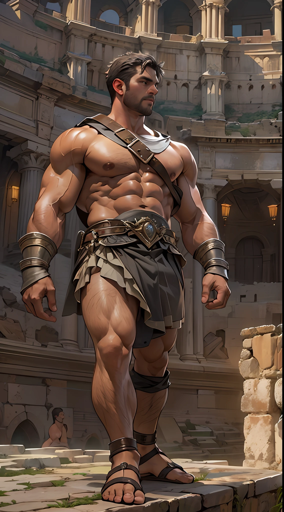 Herculean gladiator, bare chest, lower body revealed from thighs to feet, long curls cascading, meticulous muscle definition, photorealistic portrayal, 4K quality. Background: Colosseum in ancient Rome,32k uhd, best quality, masterpiece, super detail, high details