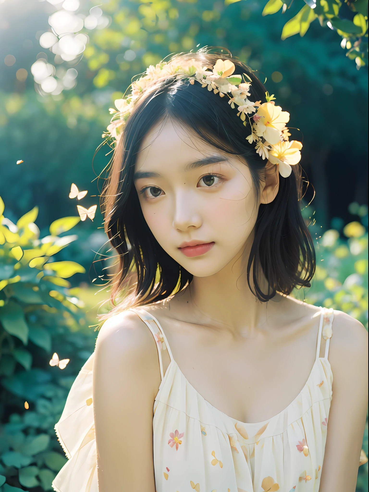 1girl, flowing sundress, floral headpiece, delicate makeup, (luminous eyes, smooth skin texture, gentle facial expression), golden hour lighting, serene garden setting, butterflies or flower petals, depth of field, warm color palette, whimsical atmosphere, high-resolution, soft focus.
portrait photography, 35mm film, natural blurry, filmg,