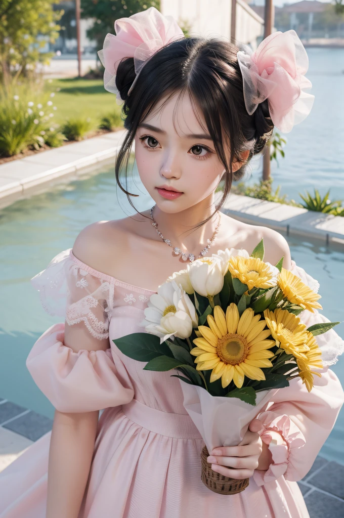 Cute girl, pink dress, flowing and dreamy style, rendered in cinema4d, made of crystal, balloon forest theme, fantastic colors, detailed design, soft focus portrait, dream, dream, flat chest, sweet girl, bow, black hair, longeyelashes, solid circle eyes, fang, double bun, hair bow, crescent hair ornament, Surrealism, atmospheric perspective, depth of field, cinematic lighting, super detail, ccurate, best quality, masterpiece, ccurate, anatomically correct, textured skin, high details, high quality
