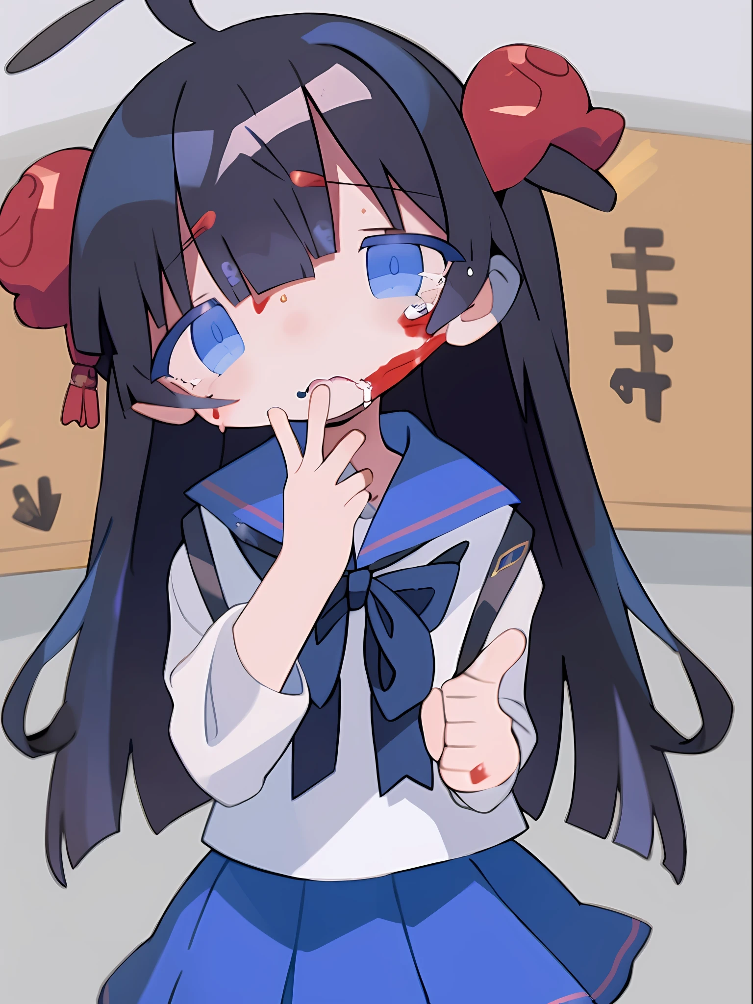 Classroom scene、girl with、独奏、Long、Black hair pastel blue sailor suit、Crying expression、sad Facial expression、Blood on my face
