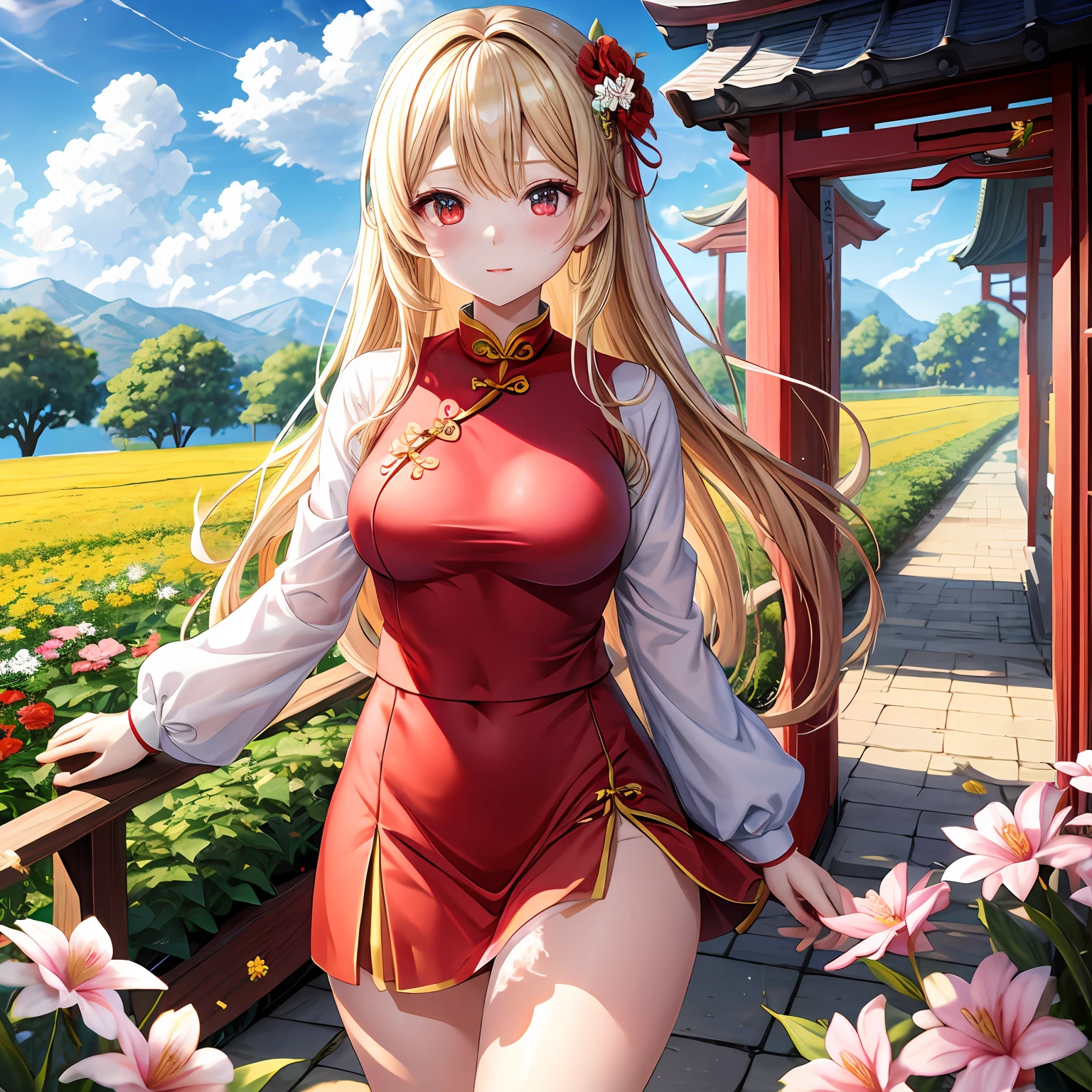 a blond、red eyes、Beautiful girl alone、kawaii、独奏、animesque、Blue cheongsam、a miniskirt、flower field、