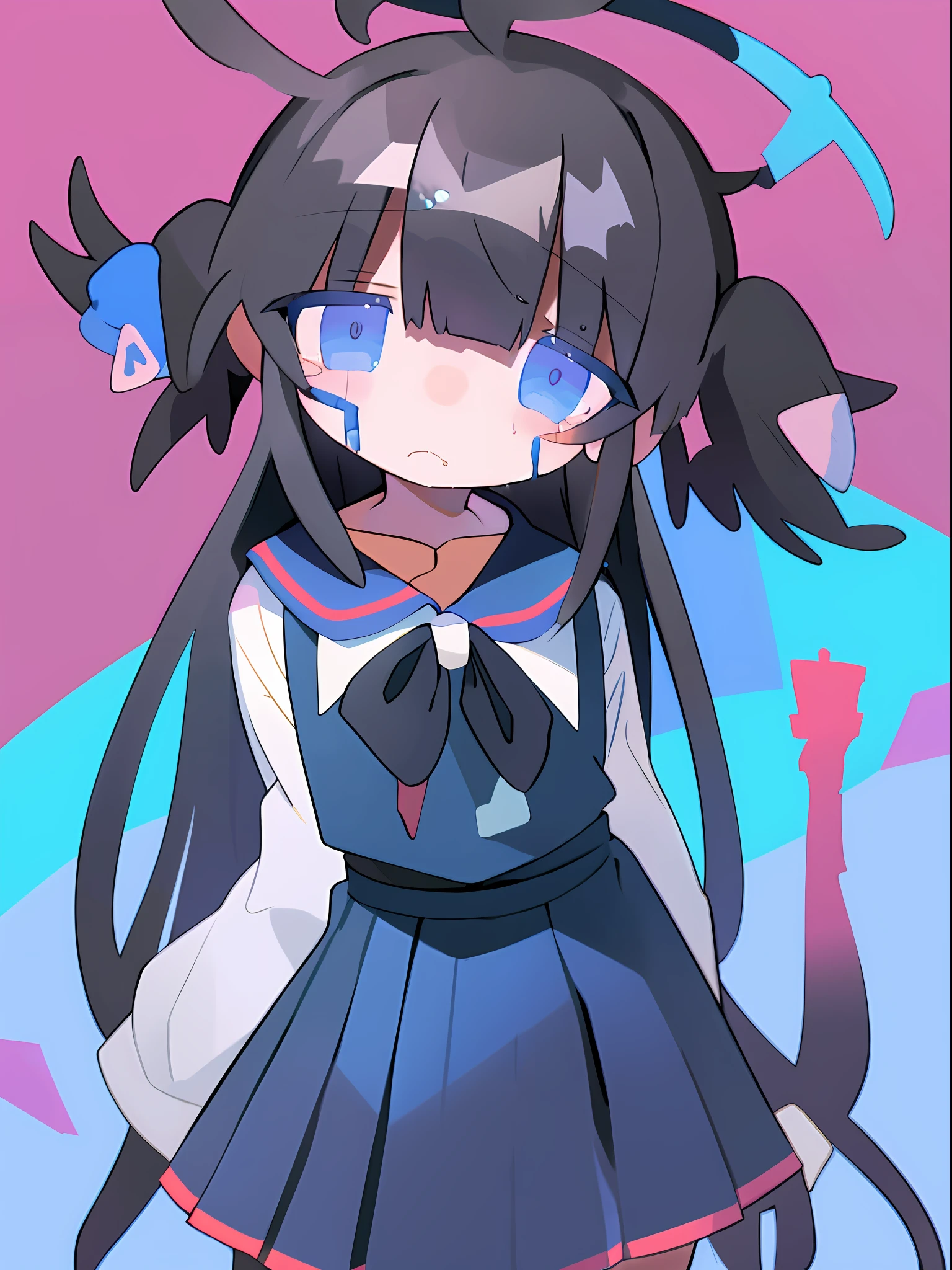 Classroom scene、girl with、独奏、Long、Black hair pastel blue sailor suit、Crying expression、sad Facial expression、Blood on my face