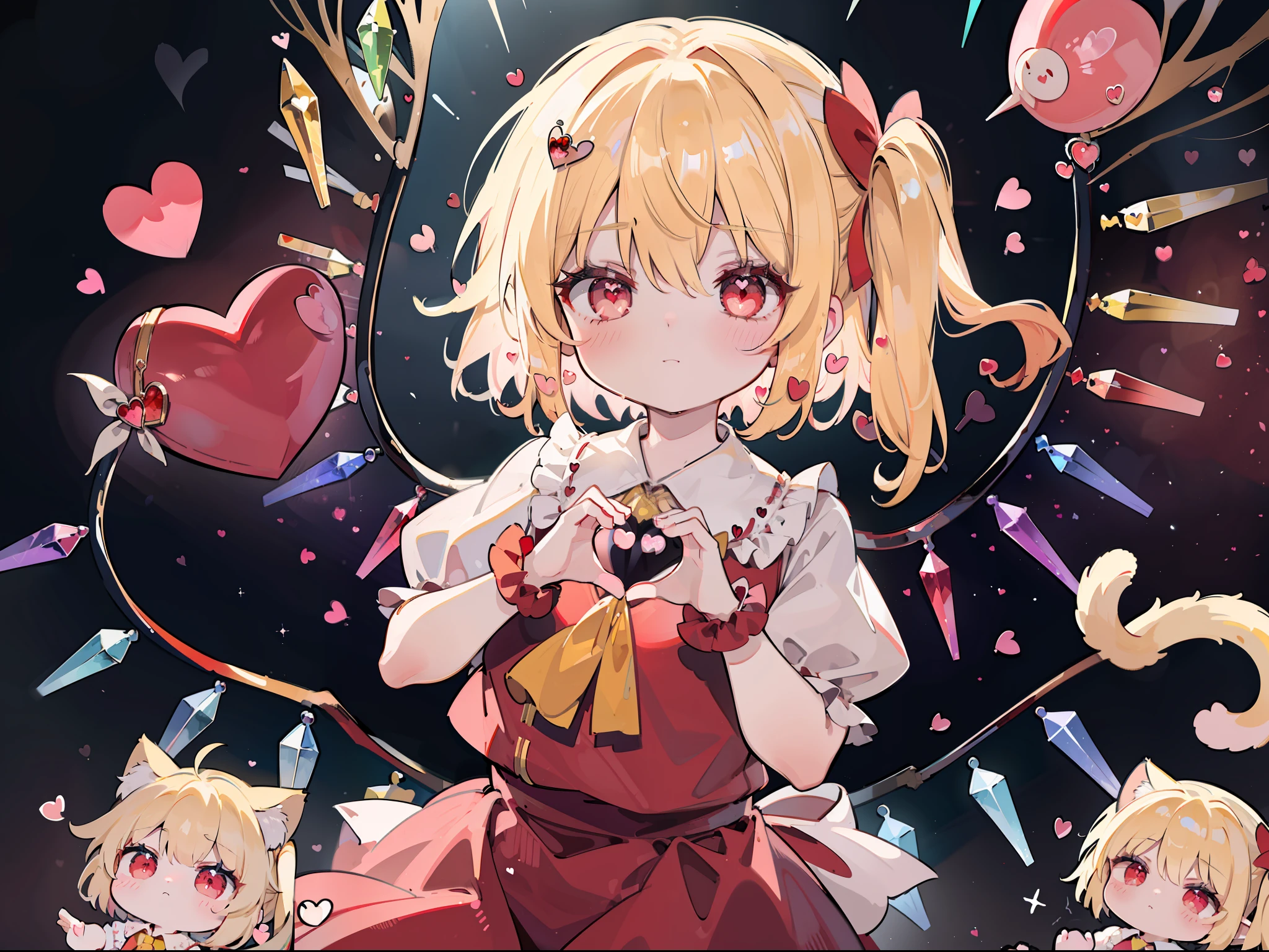 ((Flandre Scarlet))、blonde  hair、short-hair、Long side tail、Red Eyes、Lustrous eyes、Cats、slightly bashful expression、shortsleeves、bulging sleeves、red clothing、Fluffy skirt、((((Making hearts with your hands))))、Bring the heart of the hand in front of the face、red blush、Plump cheeks、((Chiquita))、(High resolution of the highest quality)、((masterpiece best quality:1.2))、[[Bad face]], [[Fused fingers]]