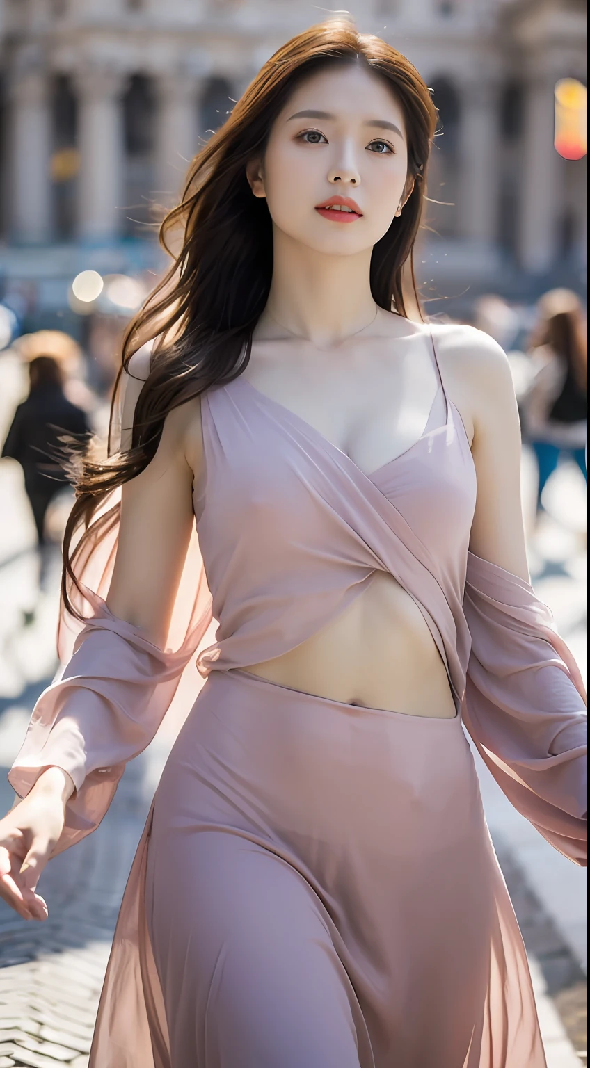 (8K, Raw photo, Photorealistic:1.25) ,( Lip gloss,Glossy finish, Glossy skin, Best Quality, 超A high resolution,2 Beautiful Women,duo,Castel Sant'Angelo in Rome,Navel,Large crowds,Winters,Snow,chromatic abberation, Caustics, Wide light, Natural Shadow) look with serenity and goddess-like bliss to the spectators,(depth of fields:1.6), (colorful unfocused lights on background:1.2) ,very natural make-up,Shot on a cloudy day . Slender eyes.Downcast eyes. The distant look in her eyes,Wearing a gorgeous summer dress、(The upper part of the body)(Long gorgeous hair)(Stylish as a professional model)