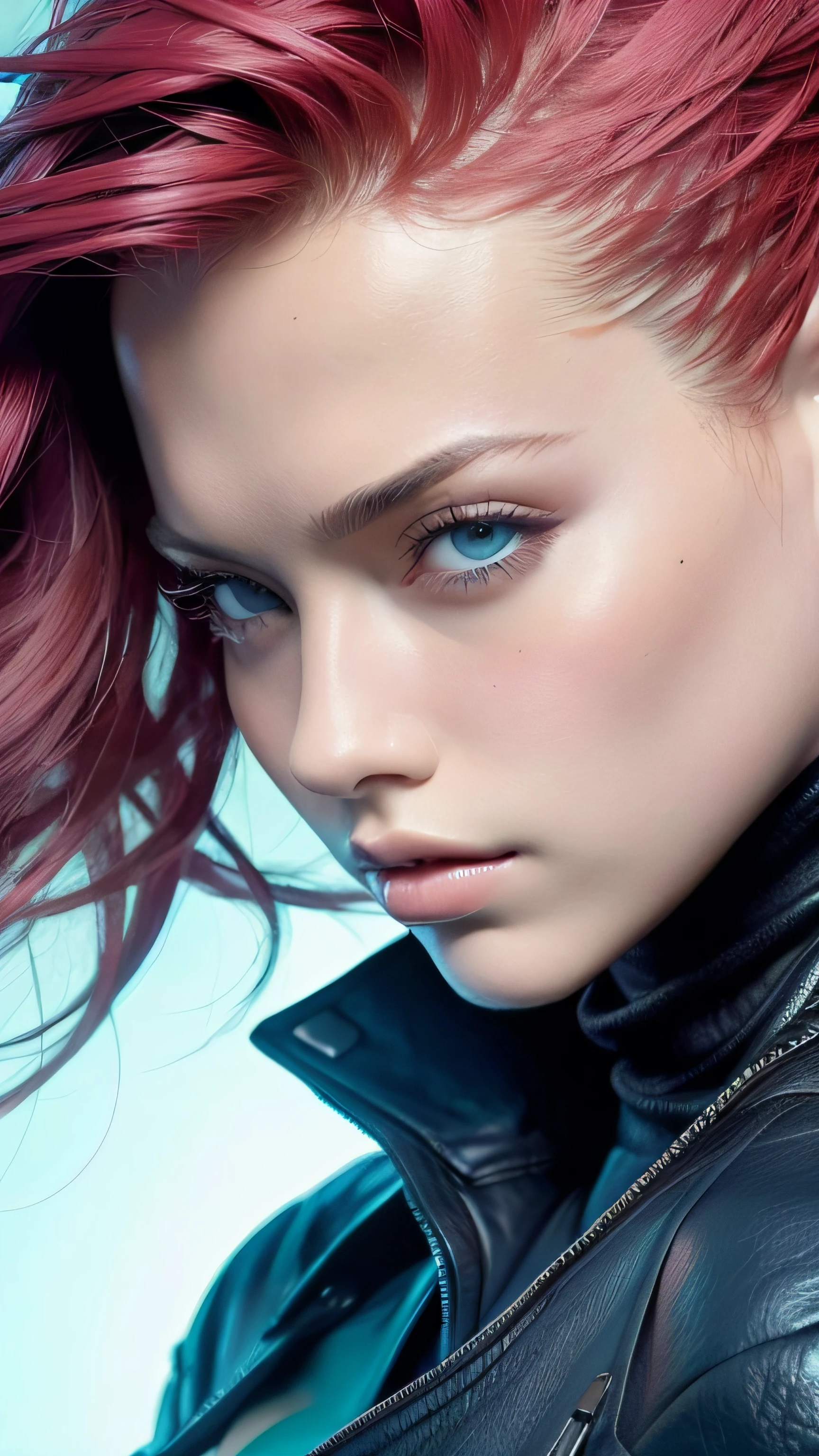 "Mulher atraente, cabelos coloridos, roupas sensuais de couro, detalhes realistas, close-up, retrato, estilo cyberpunk"