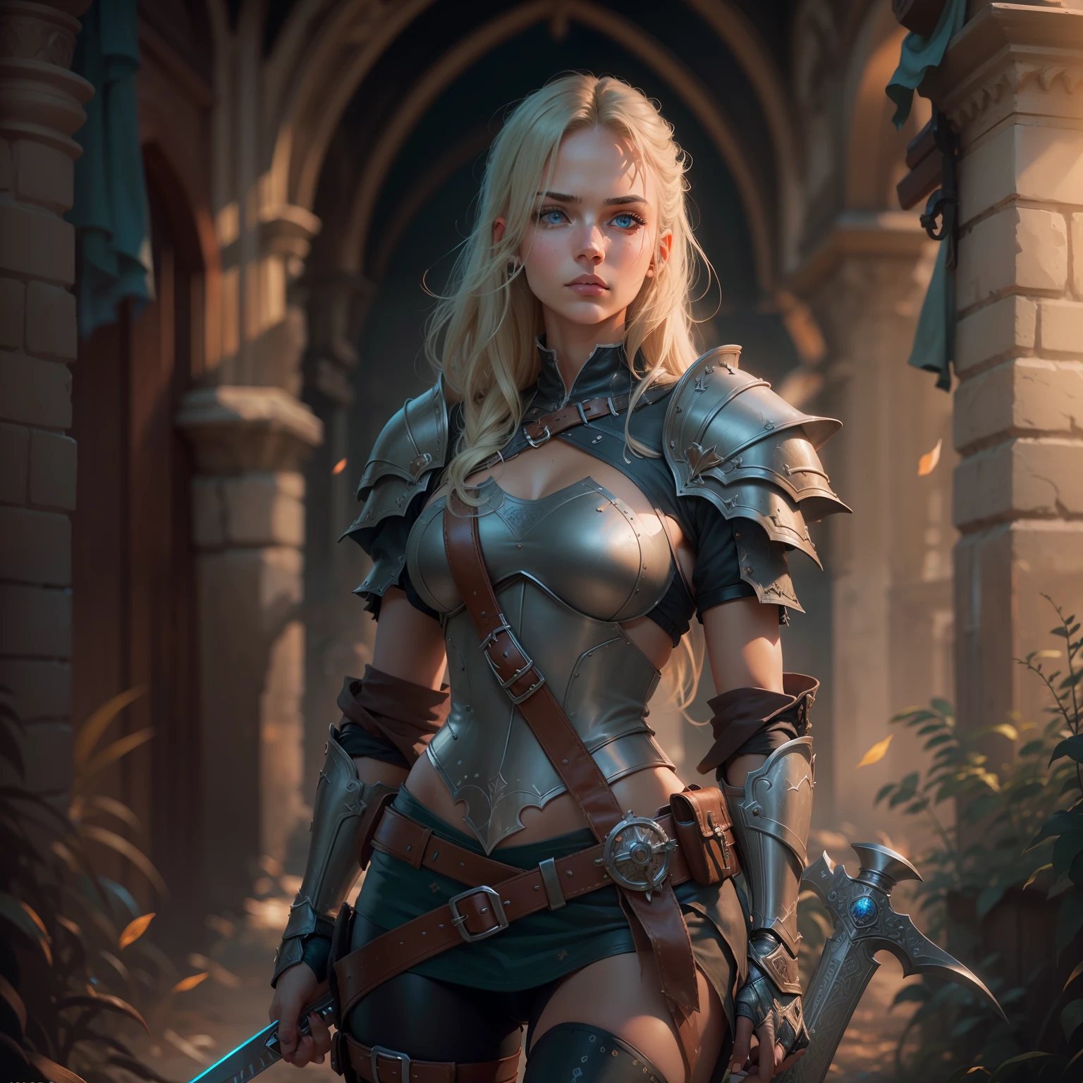 a European girls, solo, Blonde, tanned skin, cold-looking blue eyes, thin face, ripped body, wearing leather armor, leather legging, highnoon boots, carry a sword by waist and 2 pistol behind waist, medival, fantasy knight, realistic shadows, high quality, ultra detailed in 4k, 8k, high resolution, sharp focus, depth of field, faded, (neutral colors:1.2), (hdr:1.4), (muted colors:1.2), hyperdetailed, (artstation:1.4), cinematic, warm lights, dramatic light, (intricate details:1.1), complex background, (rutkowski:0.66), (teal and orange:0.4)"