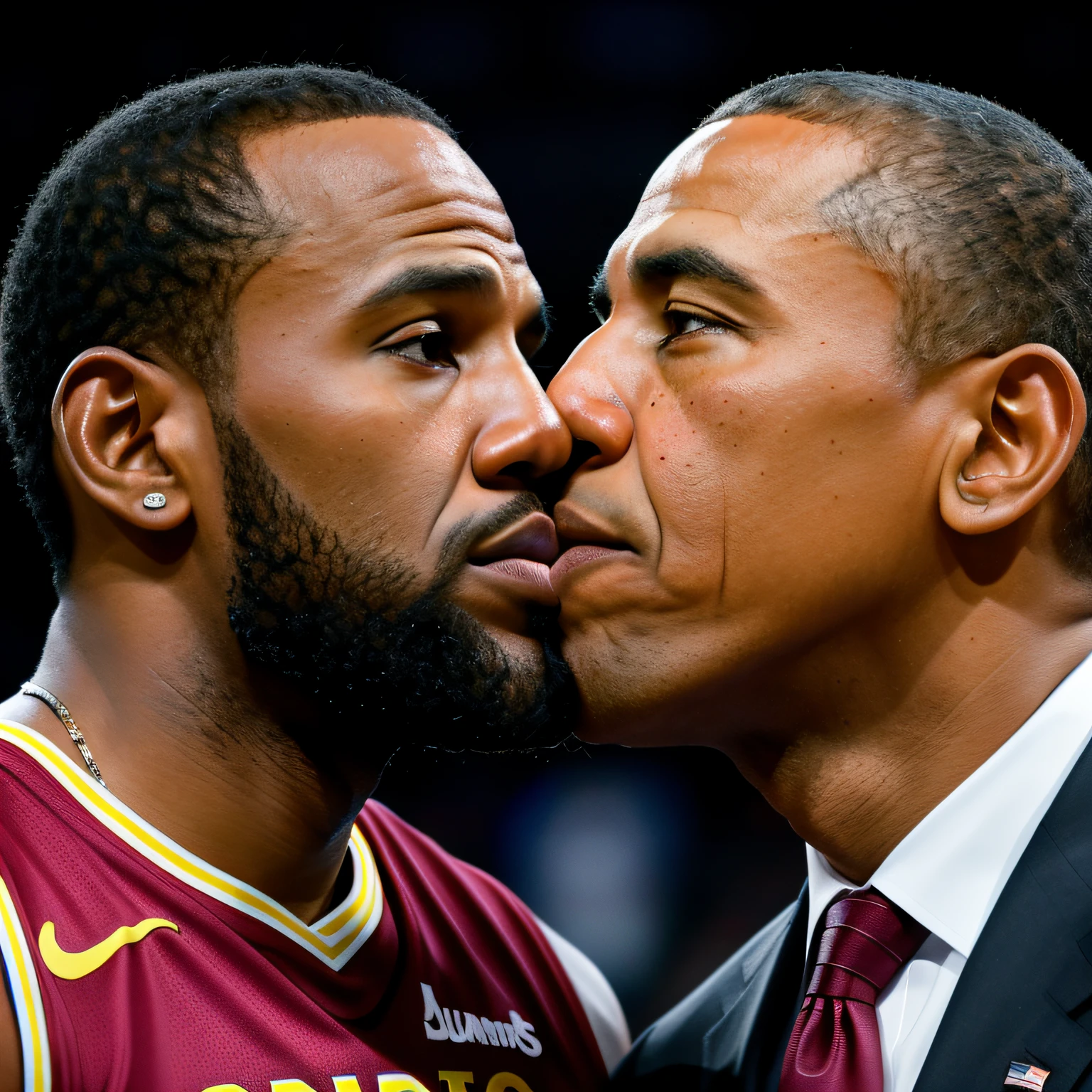 8k uhd,digital SLR camera,high qulity,filmgrain,White skin of the,photo-realism,lomography,President Obama and Lebron James kissed each other