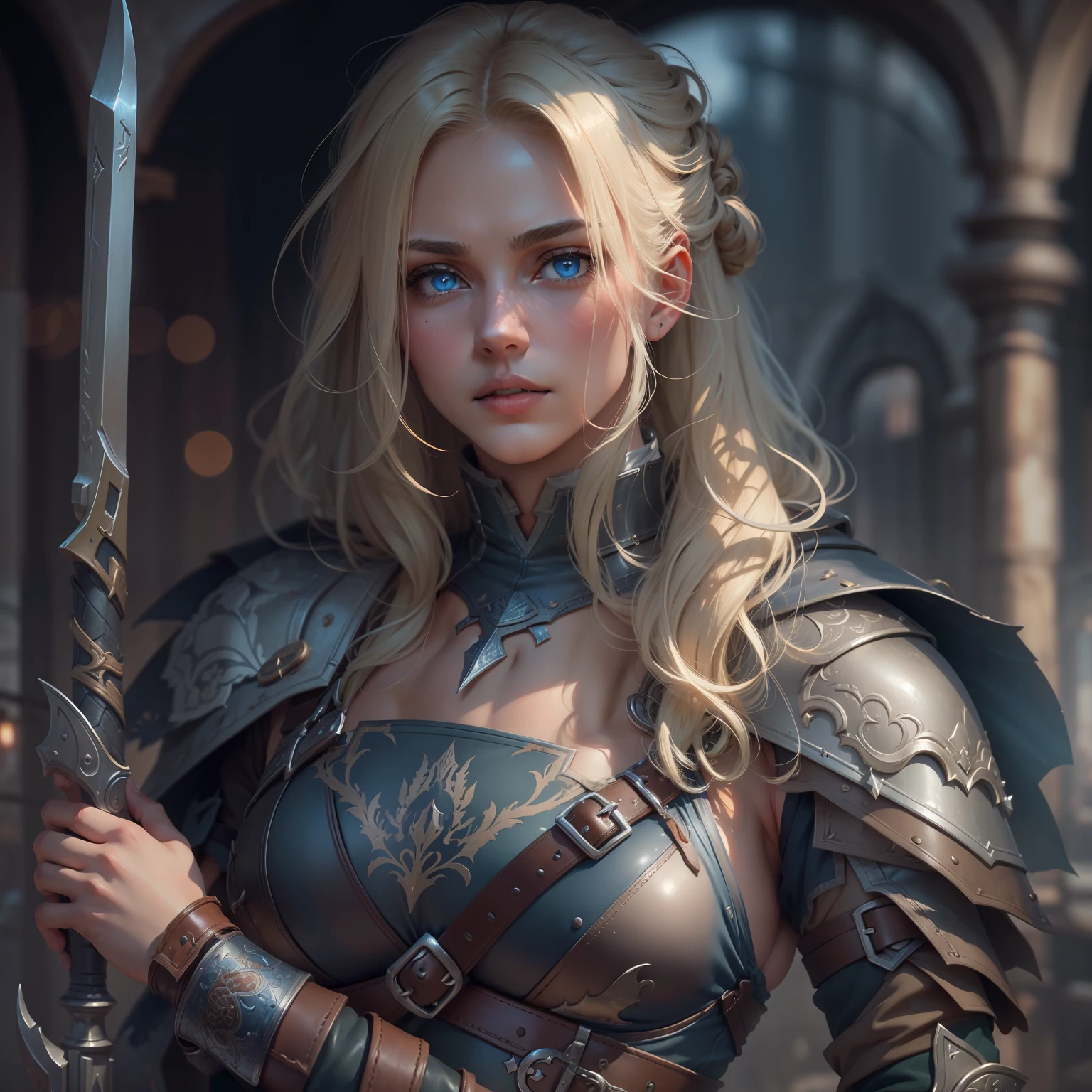 a European girls, solo, Blonde, tanned skin, cold-looking blue eyes, thin face, ripped body, wearing leather armor, leather legging, highnoon boots, carry a sword by waist and 2 pistol behind waist, medival, fantasy knight, realistic shadows, high quality, ultra detailed in 4k, 8k, high resolution, sharp focus, depth of field, faded, (neutral colors:1.2), (hdr:1.4), (muted colors:1.2), hyperdetailed, (artstation:1.4), cinematic, warm lights, dramatic light, (intricate details:1.1), complex background, (rutkowski:0.66), (teal and orange:0.4)"