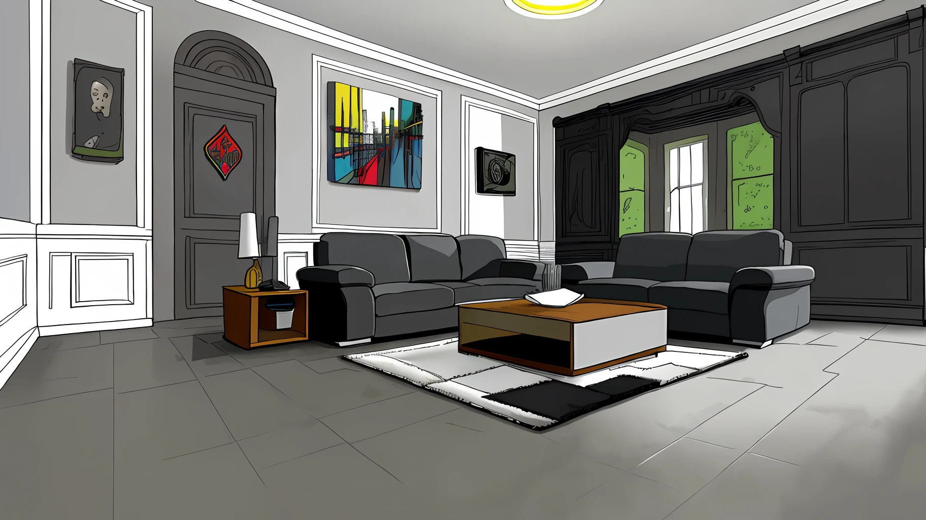 living room interior， Grey floor，Black sofa，，8K， hyper HD， tmasterpiece， highest  quality