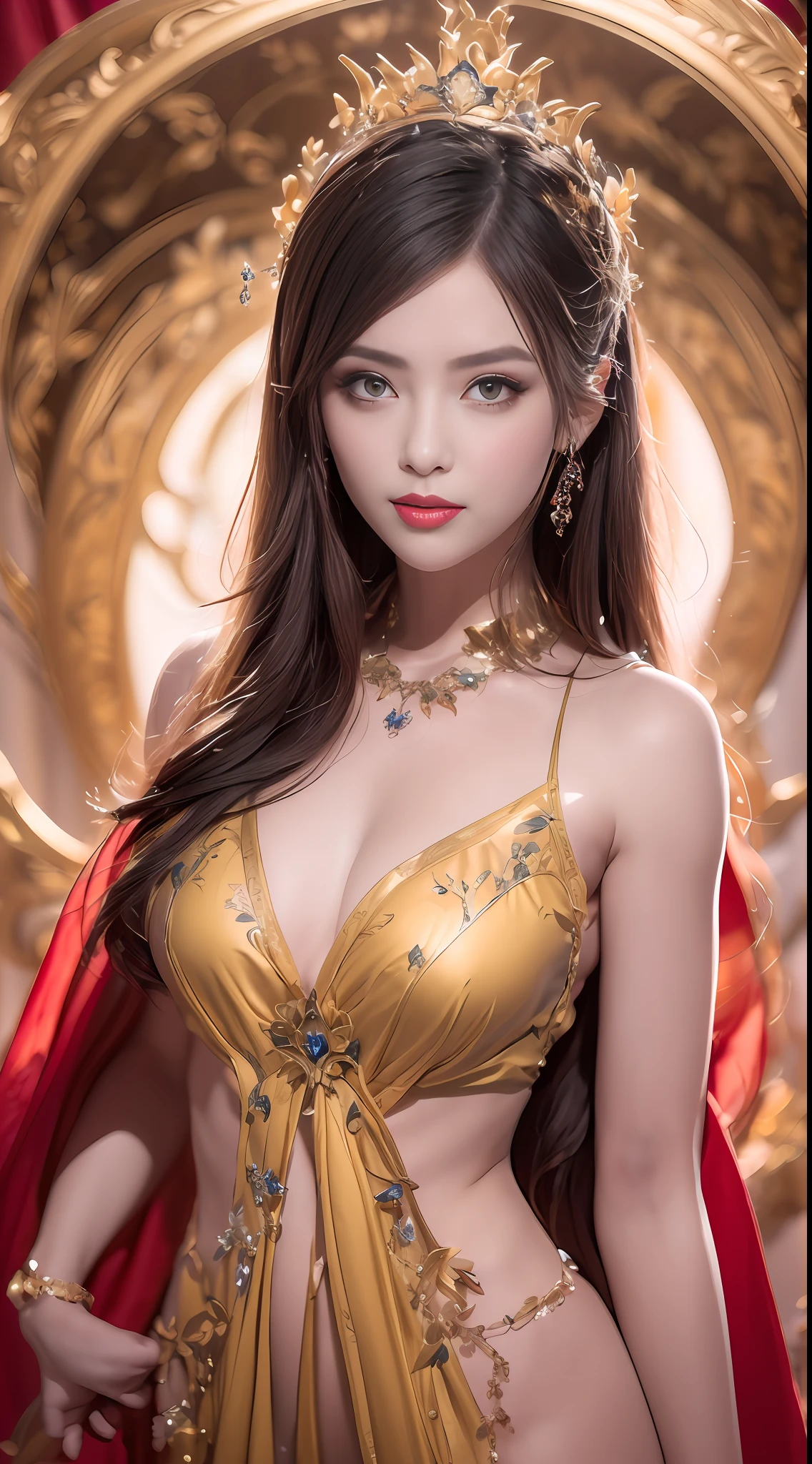 1 beautiful 27-year-old holy woman, naked on the chest, nude, beautiful face without blemishes, ((Natural smile:1.0)), ((flat bangs:1.2)), (((long hair): platinum:0.8))), big crown, hair brooch, hanfu dress, fanciful hanfu style, full body jewelry, forehead tattoo, super even breasts, woman's face, pretty and pretty face beautiful, ((even porcelain: 0.8)), the most beautiful and detailed light red lipstick, super flat huge breasts, ((thin plump lips: 0.3)), ((Yellow eye color) : 1,2), Detailed and delicate lighting effects, light and dark, light impression, magical light, detailed light, true color, super sharp, true, 8k quality, fantasy universe background, saintess and fanciful space, the most detailed image, ((Solo:0.3)), ((a saintess:0.6)) , ((looking straight at the saint's upper body: 0.4)), upper body, ((smooth skin:0.5)), ((holy veil:1.2)), ((solo:1.3)), ((alone girl :1.3)) , saint portrait, short photo, Body portrait, ((((open mouth:0.6))), Digital Realistic, (((fanciful red smoke effect:1.2)),