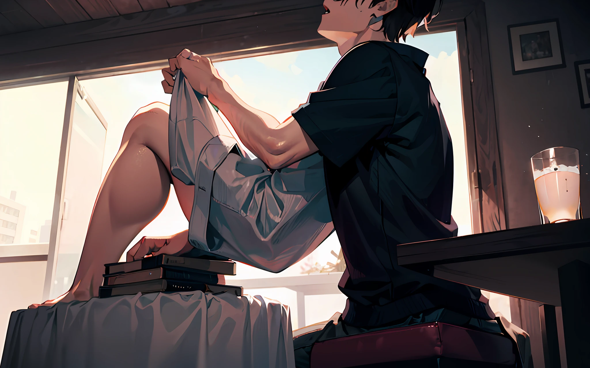 A ager sits alone and masturbates, touches his genitals with his hands, white , milk, huge genitals, hard state