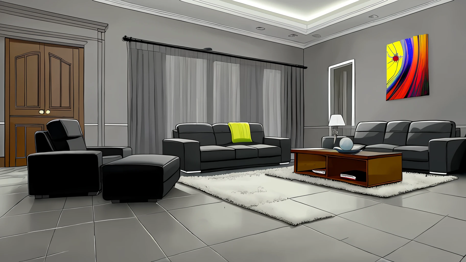 living room interior， Grey floor，Black sofa，，8K， hyper HD， tmasterpiece， highest  quality