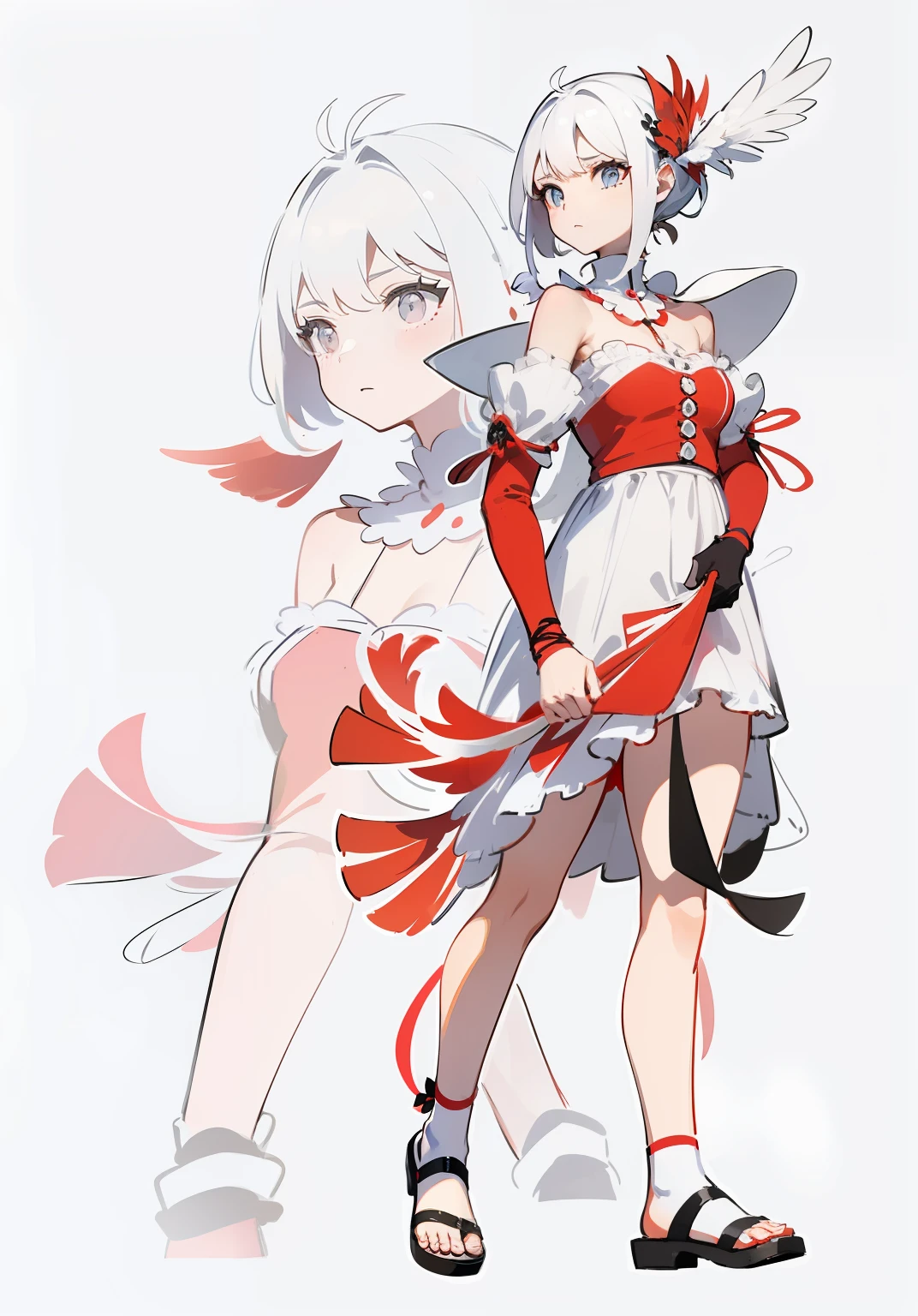 Black and white hair girl in red feather dress,There are cranes flying around