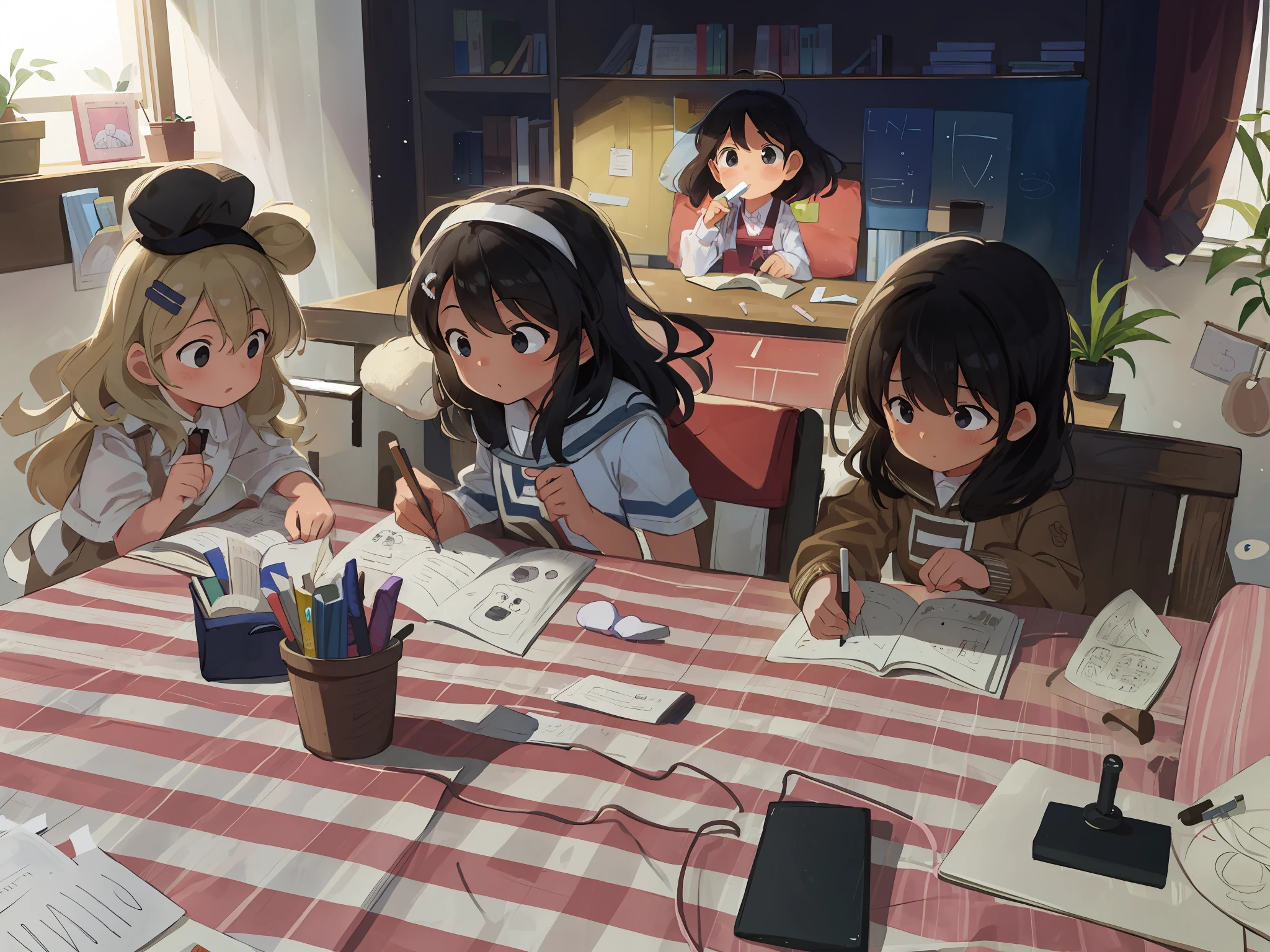 Three girls sat at a table，tablecloth, studyng in bedroom, , Research, kids drawing, busy room, 8K)), kids drawing, they are very serious,There are plush toys in the back