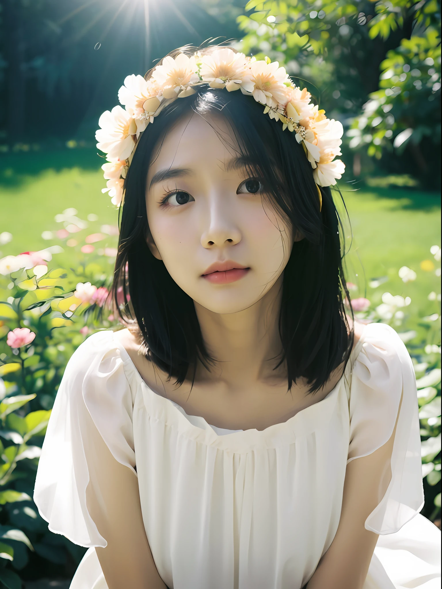 1girll,A flowing sun dress,Floral headdress,Delicate makeup,(eyes with brightness,smooth skin textures,Gentle facial expressions),Primetime lights,Peaceful garden setting,Butterflies or petals,depth of fields,a warm color palette,Whimsical vibe,A high resolution,soft focus。
Portrait Photogram, 35mm film, natural blurry, cinematic ligh,(((head looking up)))