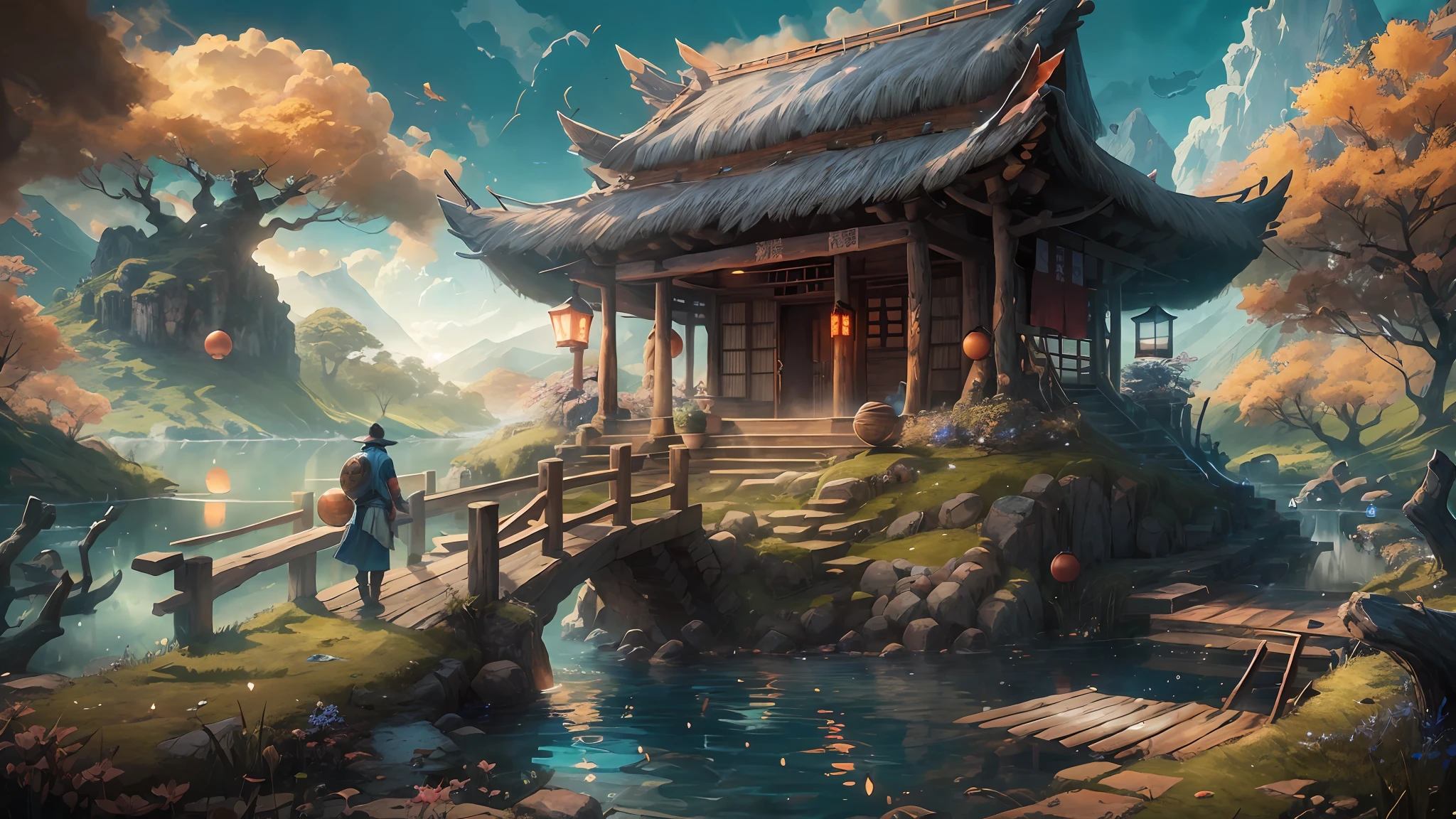 (tmasterpiece、best qualtiy)A huge ancient tree(Glowing spirit tree、Glowing balls)、illumination、thatched hut、springtime、jungles、lakes、grassy fields、Rochas、hot onsen、hydrosphere、surrounded by cloud,(illustratio:1.0)、Epic composition、Realistic lighting、high definition detail、high definition resolution,(非常详细的 CG 统一 8k 壁纸)