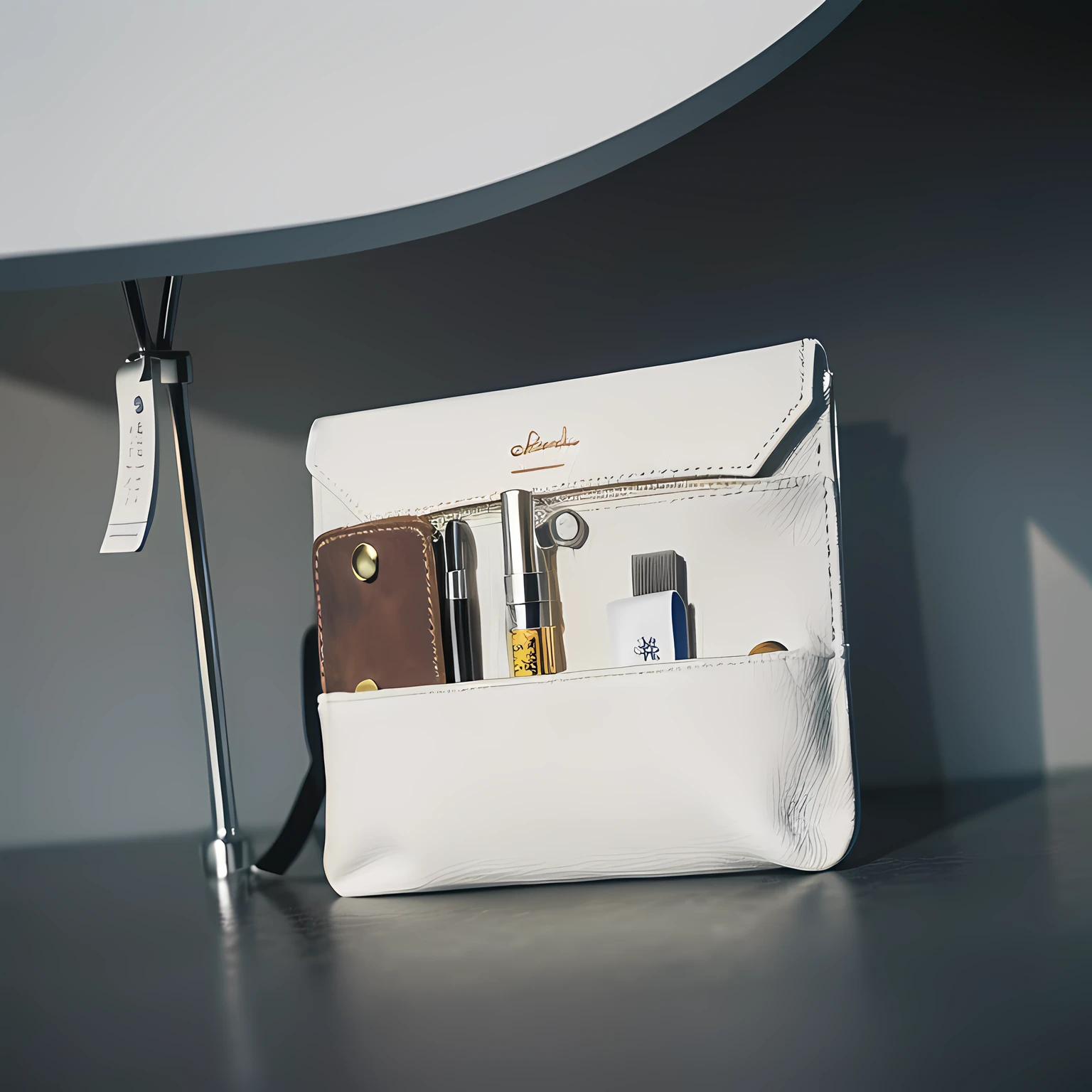 A4 folder:1.5, On a table:1.1,greybackground:1.3 and white background:1.2,Close-up Shot Shot, Leather Pouch,Product diagram,Natural soft light